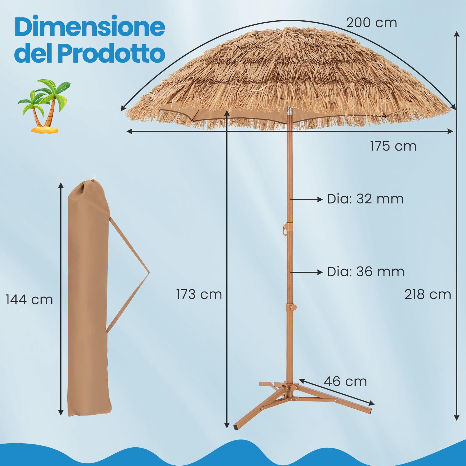 GYMAX Ombrellone Paglia PE 2,7 M, a 9 Strati, Inclinazione a 35°, Doppio Top, Struttura Stabile in Metallo e Antivento, Adatto Spiaggia, Giardino, Terrazza, Hawaiano