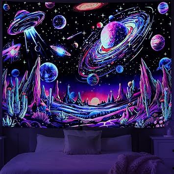 Tushelia Blacklight Galaxy Space Tapestry Neon Planet UFO Tapestries UV Reactive Cactus Mountain Wall Decor Black Light Starry Night Sky Tapestry Wall Hanging for Bedroom
