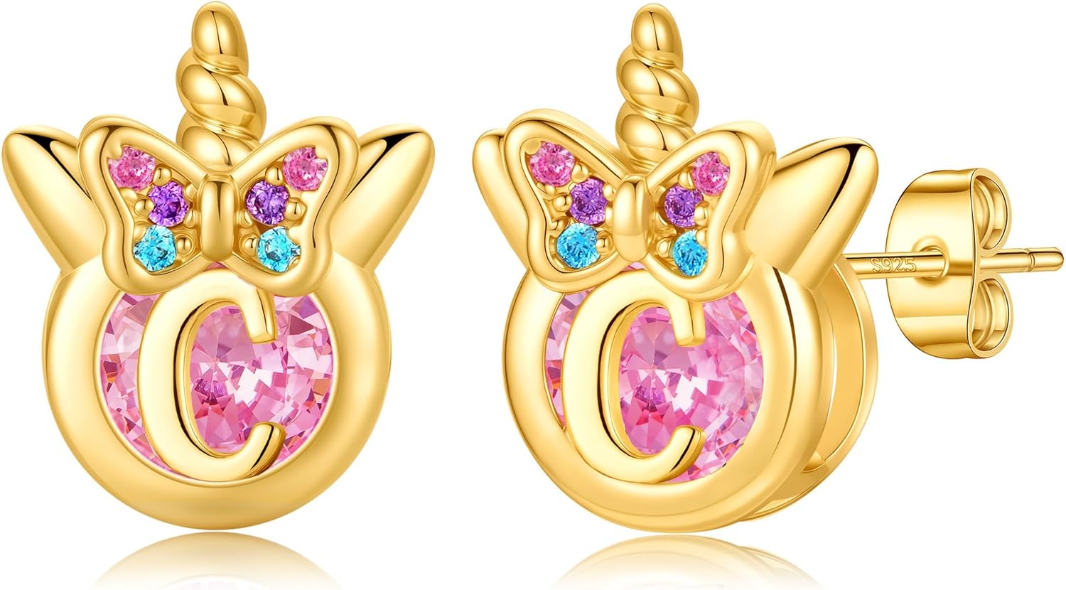 MONOOC Unicorn Gifts for Kids Girls - S925 Sterling Silver Post Hypoallergenic Initial Earrings 14K-Gold-Plated Pink CZ Unicorns Stud Earrings Jewelry Unicorn Birthday Gifts for Kids Girls
