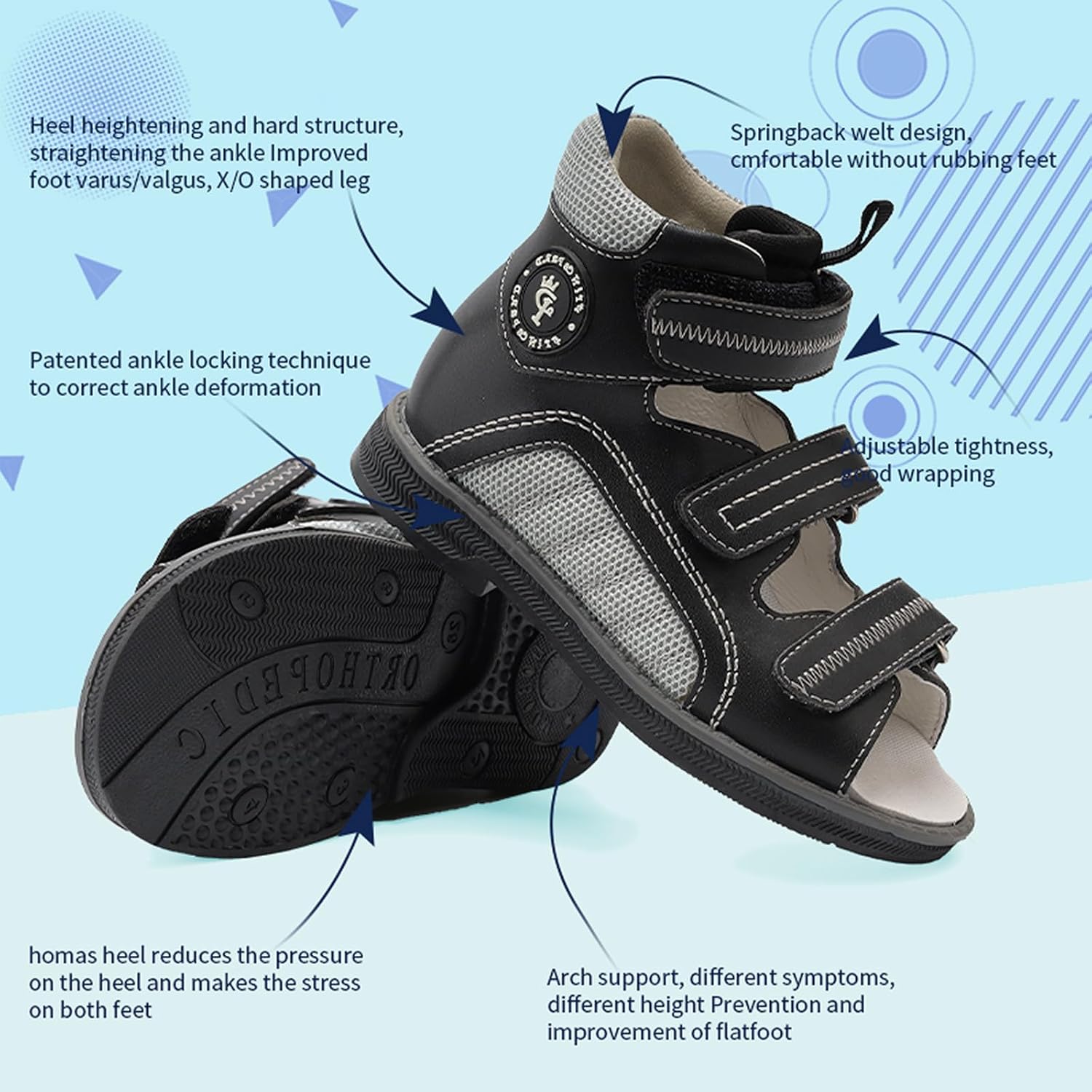 princepard Toddlers Orthopedic Sandals with Ankle and Arch Support,High-top Supportive SMO Shoes for Kids