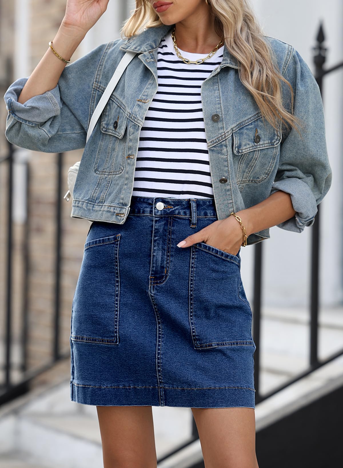 Sidefeel Womens Denim Skirt High Waisted Stretch Casual Mini Skirt Cute Zimbaplatinum Jean Skirt with Pockets