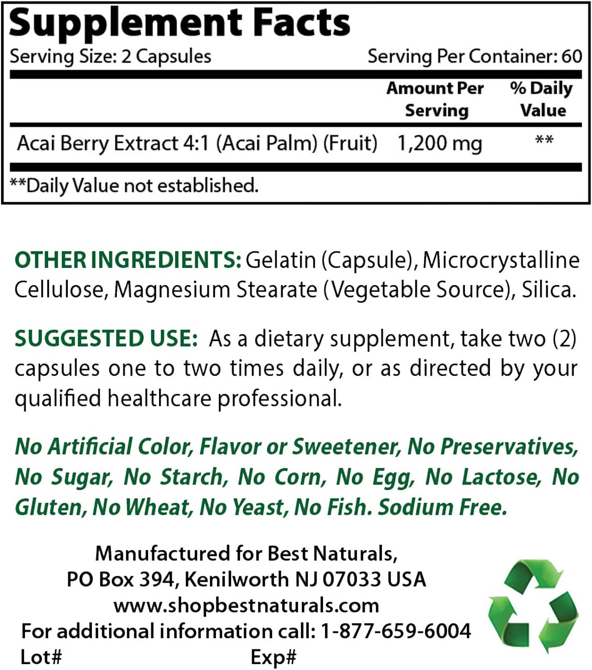 Best Naturals Acai Berry 600 mg 120 Capsules - Image 3