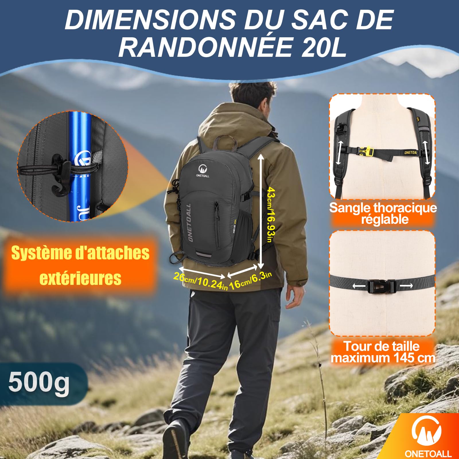 Sac à Dos Randonnée Imperméable - Sac à Dos Homme/Femme Léger et Antivol pour Rando Vélo Voyage Travail Trekking ou Usage scolaire
