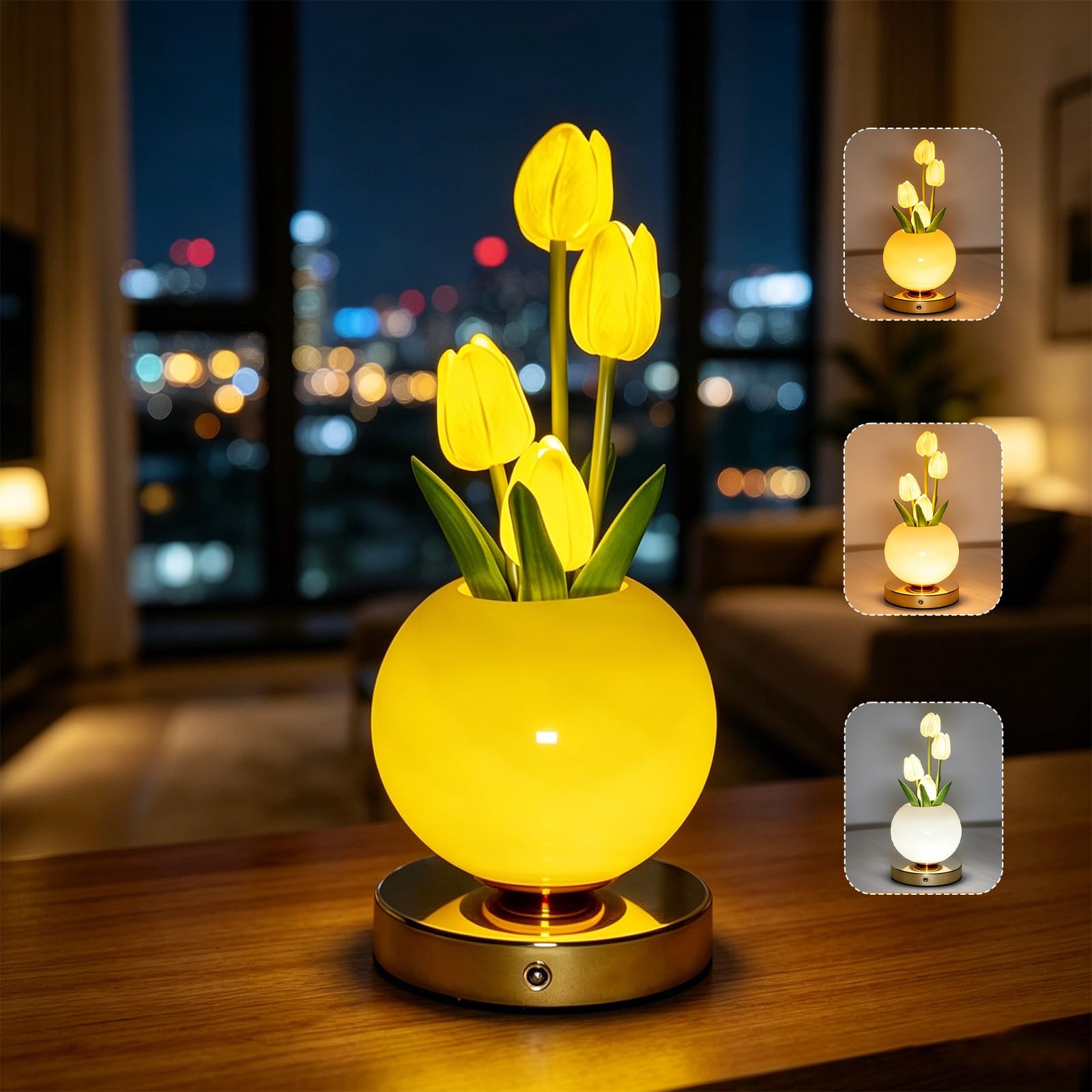 AVEKI Tulip Touch Table Lamp, 3 Color Dimmable Crystal Vase Bedside Light, Rechargeable Artificial Flowers Desk Lamp Decor for Date Party Home, Romantic Gift for Woman Mom (Tulips-Yellow)