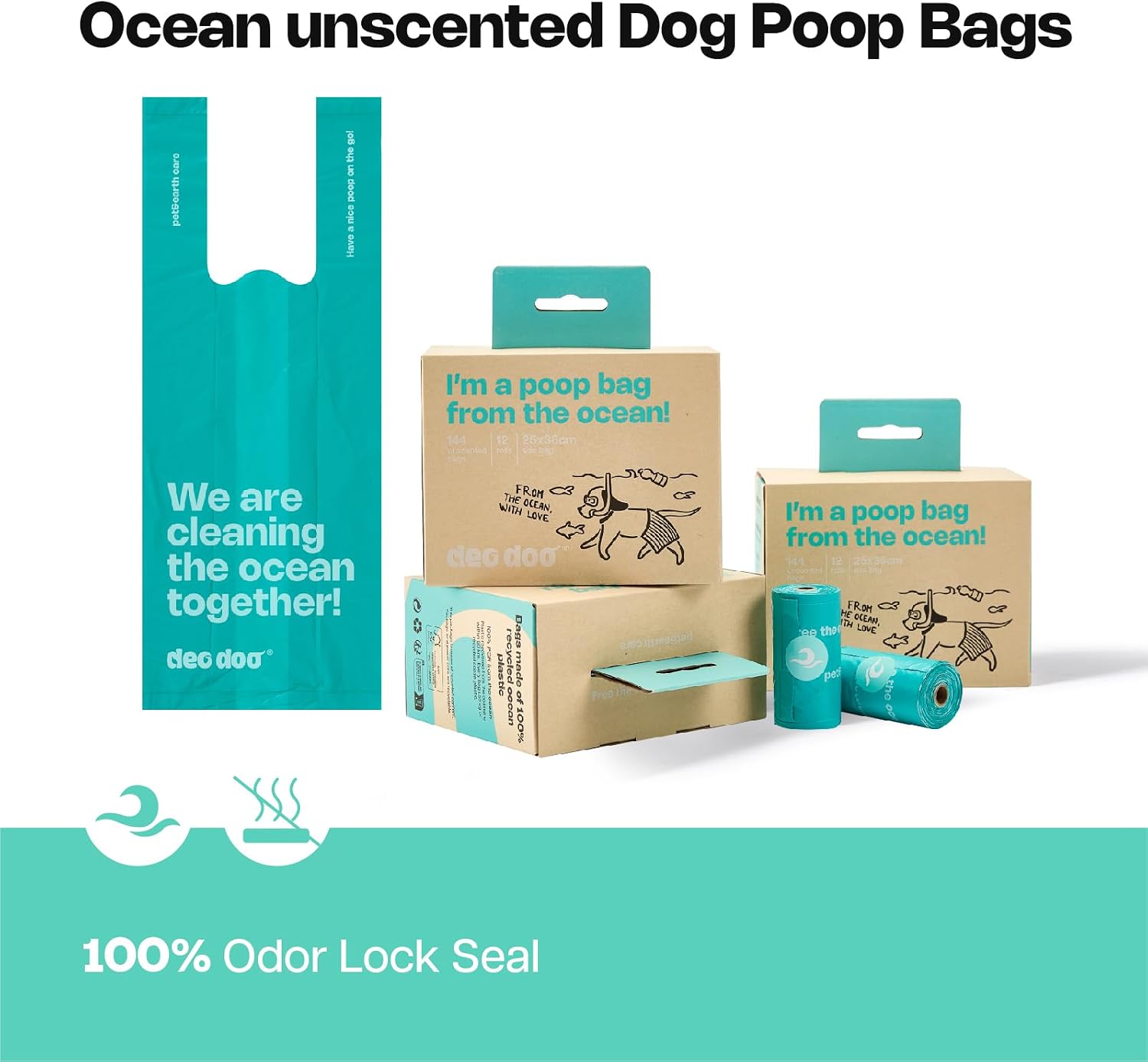 Deo Doo Dog Poop Bags with Handles 144 Bags, Ocean-Recycled, Unscented | 100% Ocean-Waste Plastic, Extra Thick Leak Proof, Easy-Tie & Tear-Resistant Design for Dog Walks Cleanups