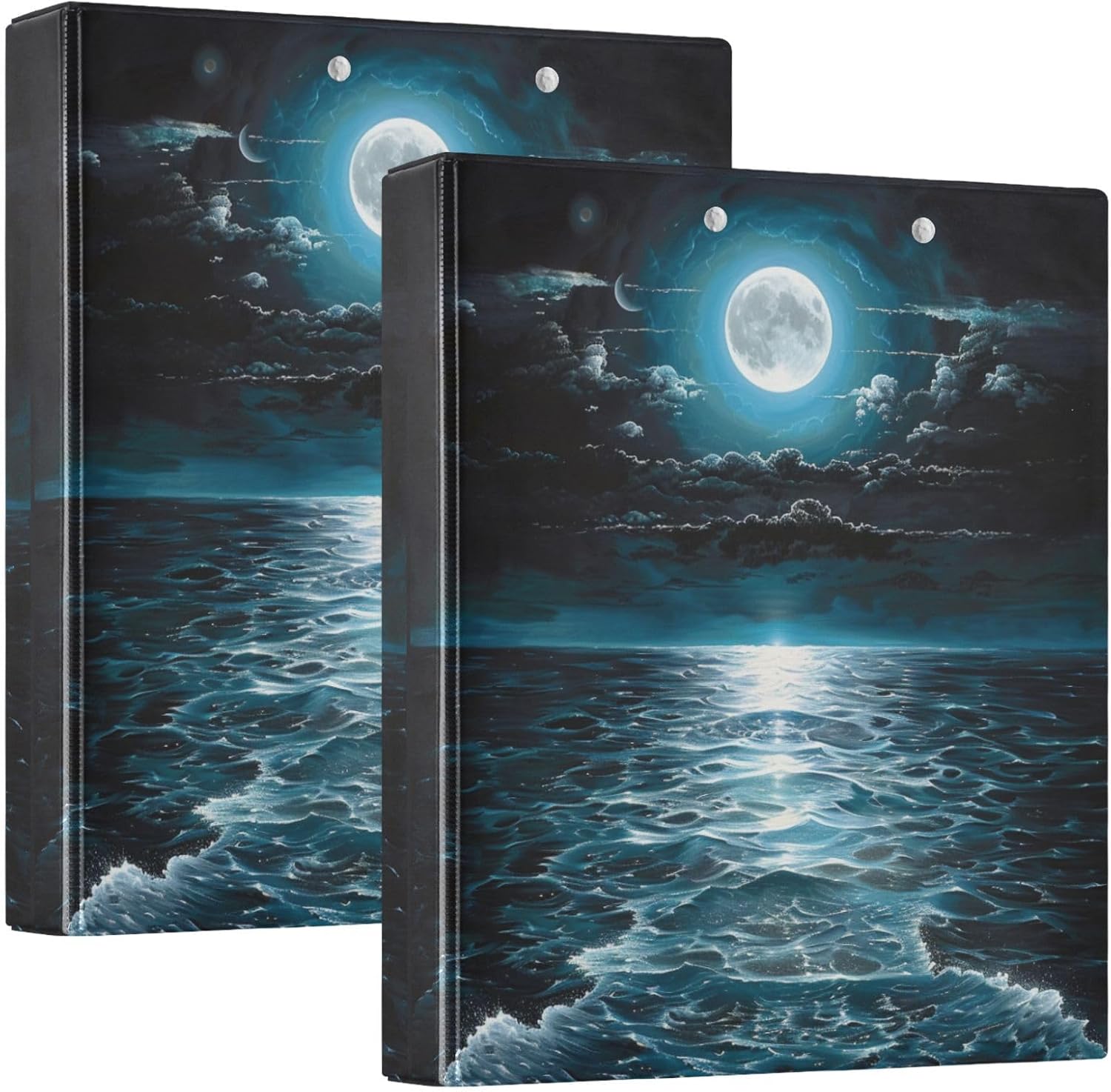 Silent Moon Night Sea Wave Landscape 3 Ring Binder 1.5" Decorative D-Ring Binder with Clipboard&3 Clear Pockets, Holds 200 Sheets A4 Size Paper Waterproof Binders for School Home Office|2 Pack