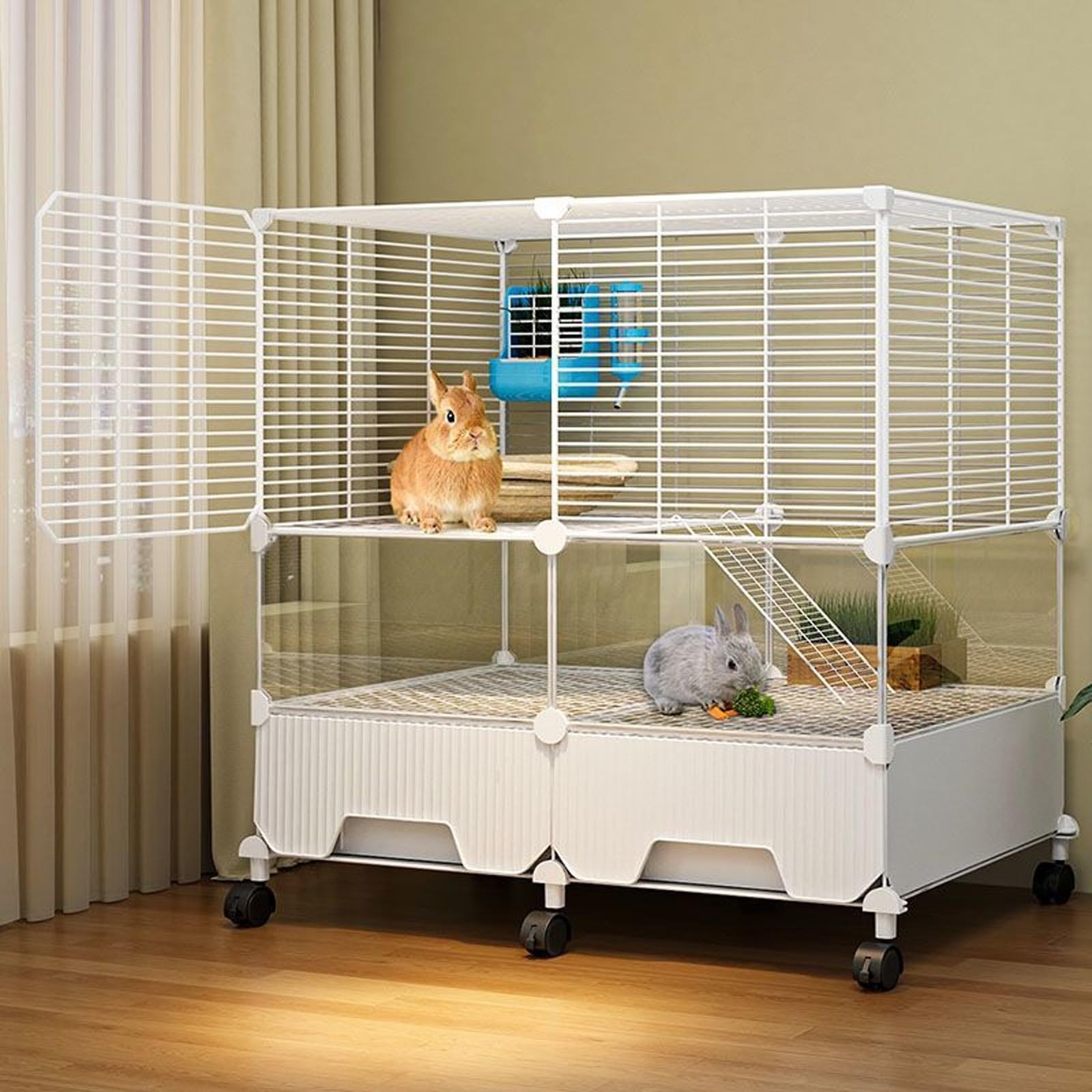 Jaula para Conejos De 2 Pisos con Bandeja Extraíble Y Ruedas Casa para Conejo Rejilla Reforzada 1,5cm - Estructura Compacta Y Móvil