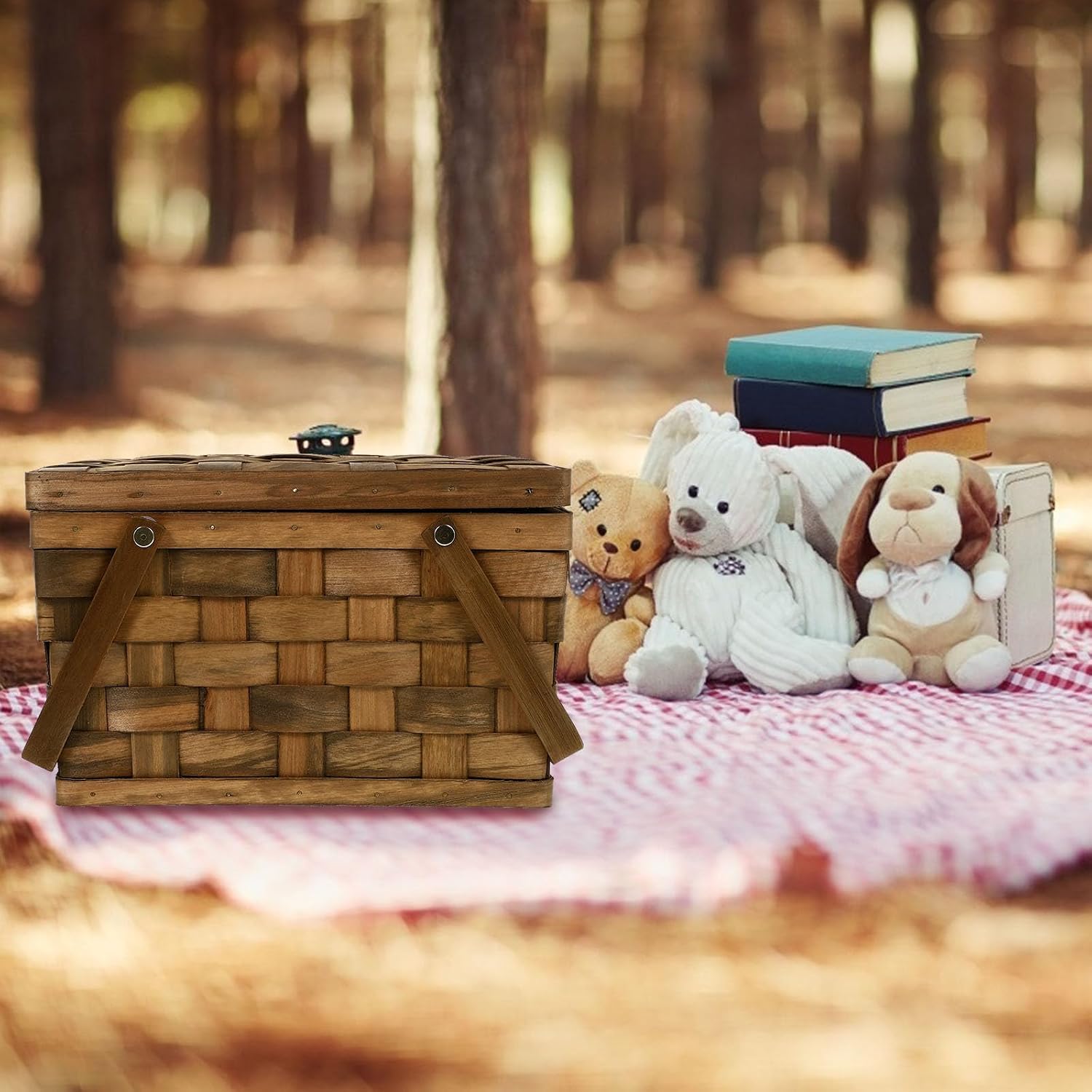 Portable Hand-Woven Picnic Basket with Lid, Handmade Coffee Color Storage Basket for Outdoor Camping, Bread and Fruit Holder