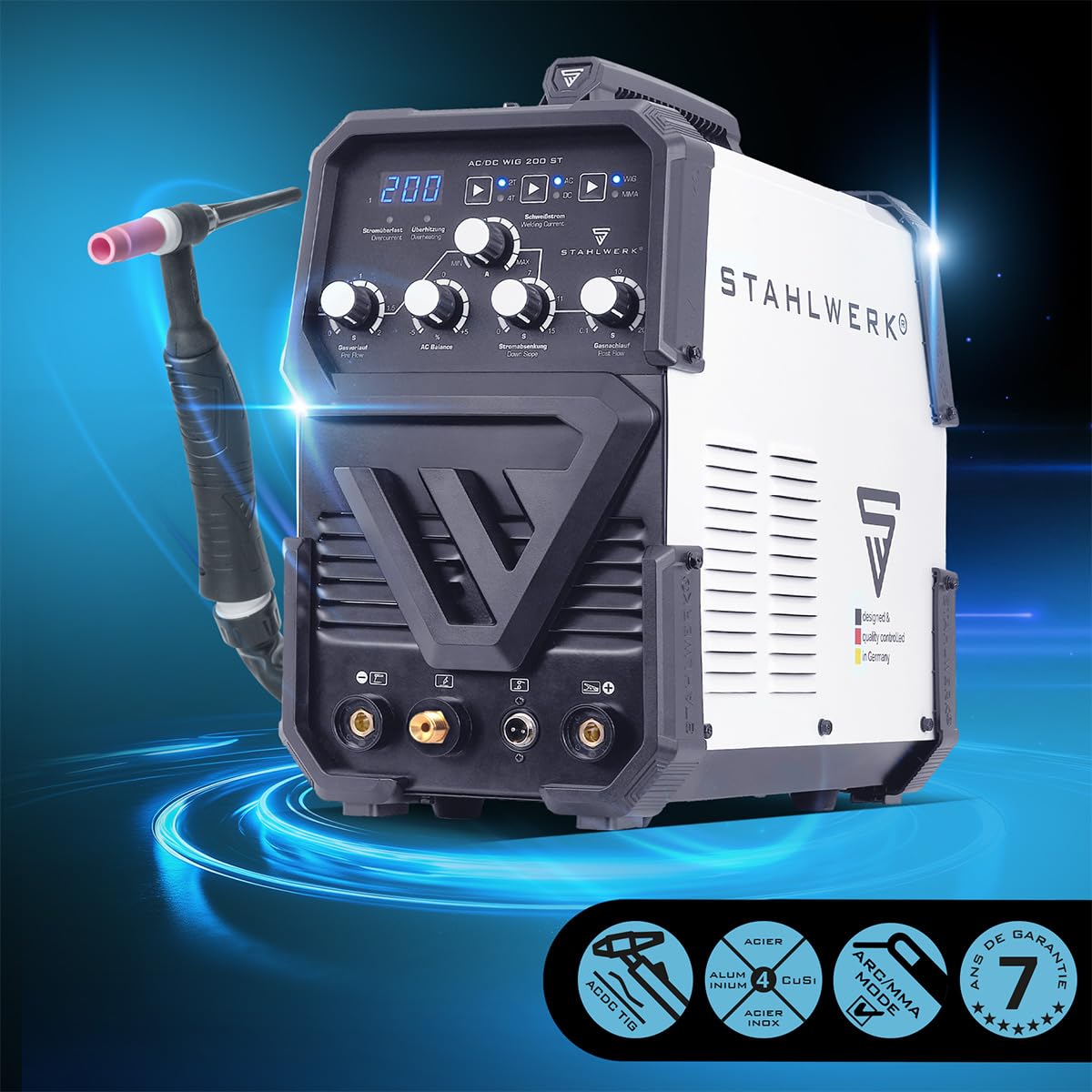 STAHLWERK Poste à souder combiné 2-en-1 AC/DC TIG 200 ST – TIG & MMA (ARC) jusqu'à 200 A, amorçage HF, Hotstart, Anti-Stick, mode 2T & 4T, soudage AC TIG pour aluminium, technologie IGBT