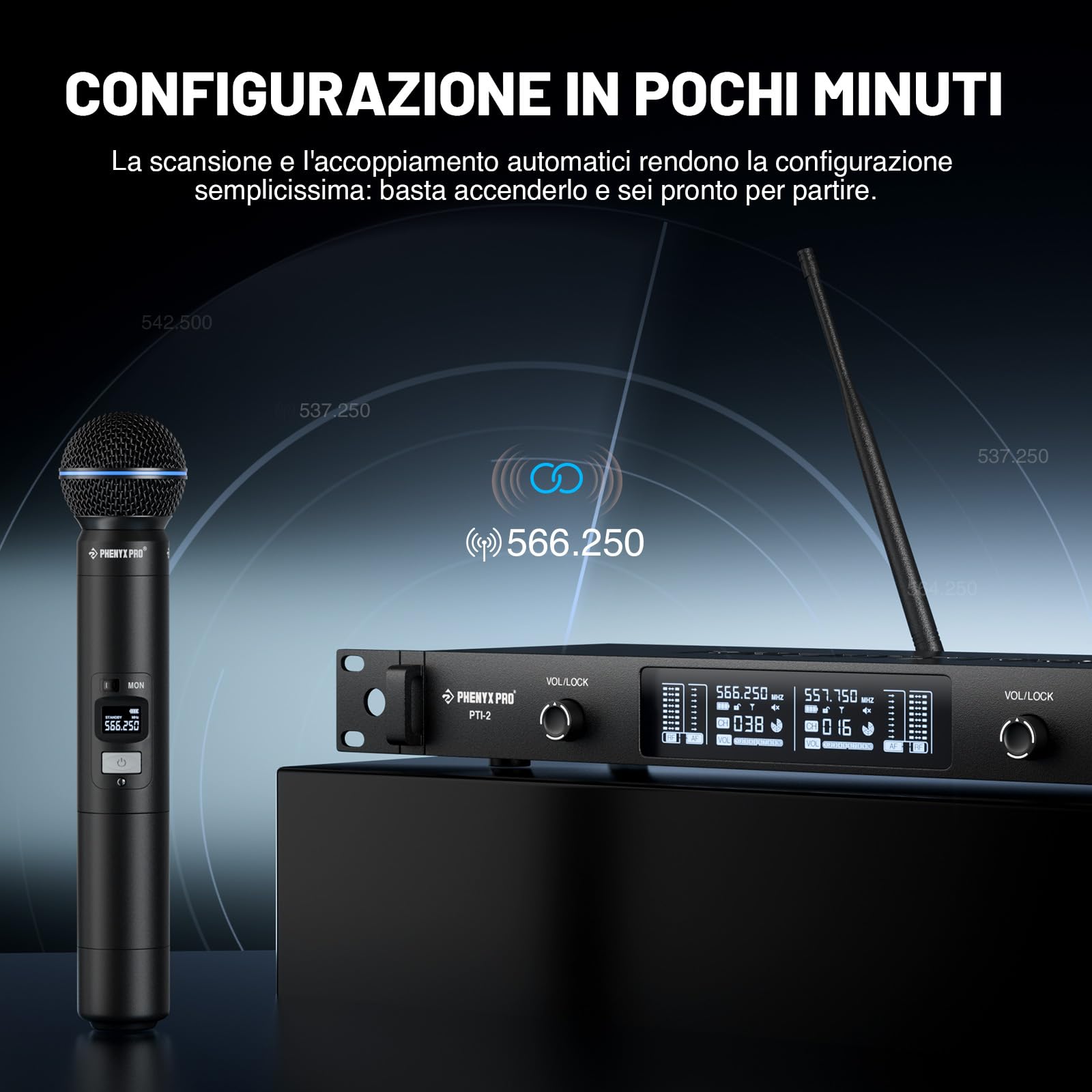 Phenyx Pro Sistema Microfono Wireless UHF Talkback 2 Canali PTI-2-2H | Auto Scan & Sync, potenza RF adattiva, 2 × 100 frequenze, portata 328 ft, microfoni dinamici a mano