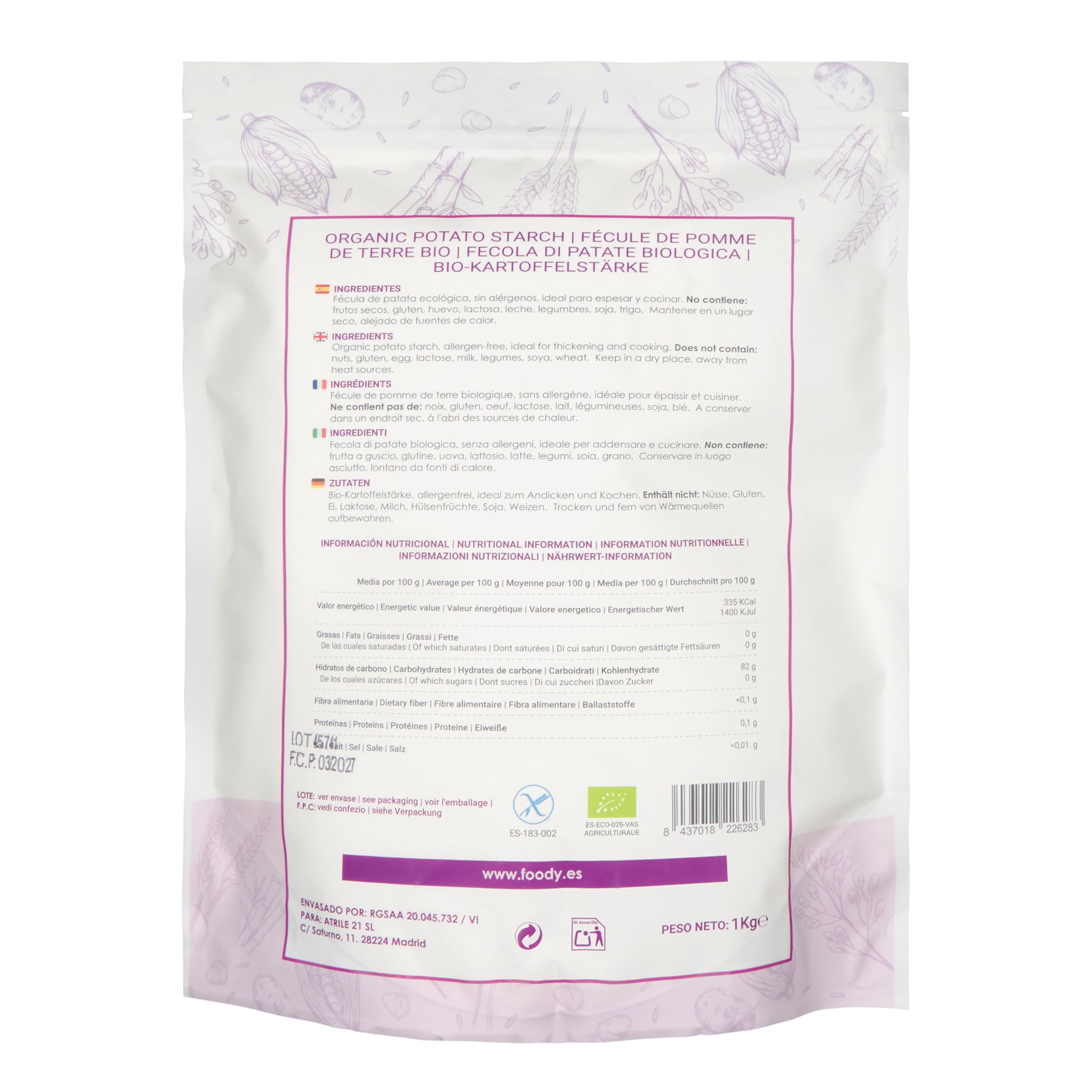 Fécula de patata sin gluten y vegana - Harina o almidón de papa (1kg)