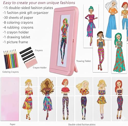 Miniatura 3 de Kit de dibujo de diseño de moda rosa para niñas, 15 platos de frotamiento de doble cara con crayones de colores, lápices de colores, papel y marco