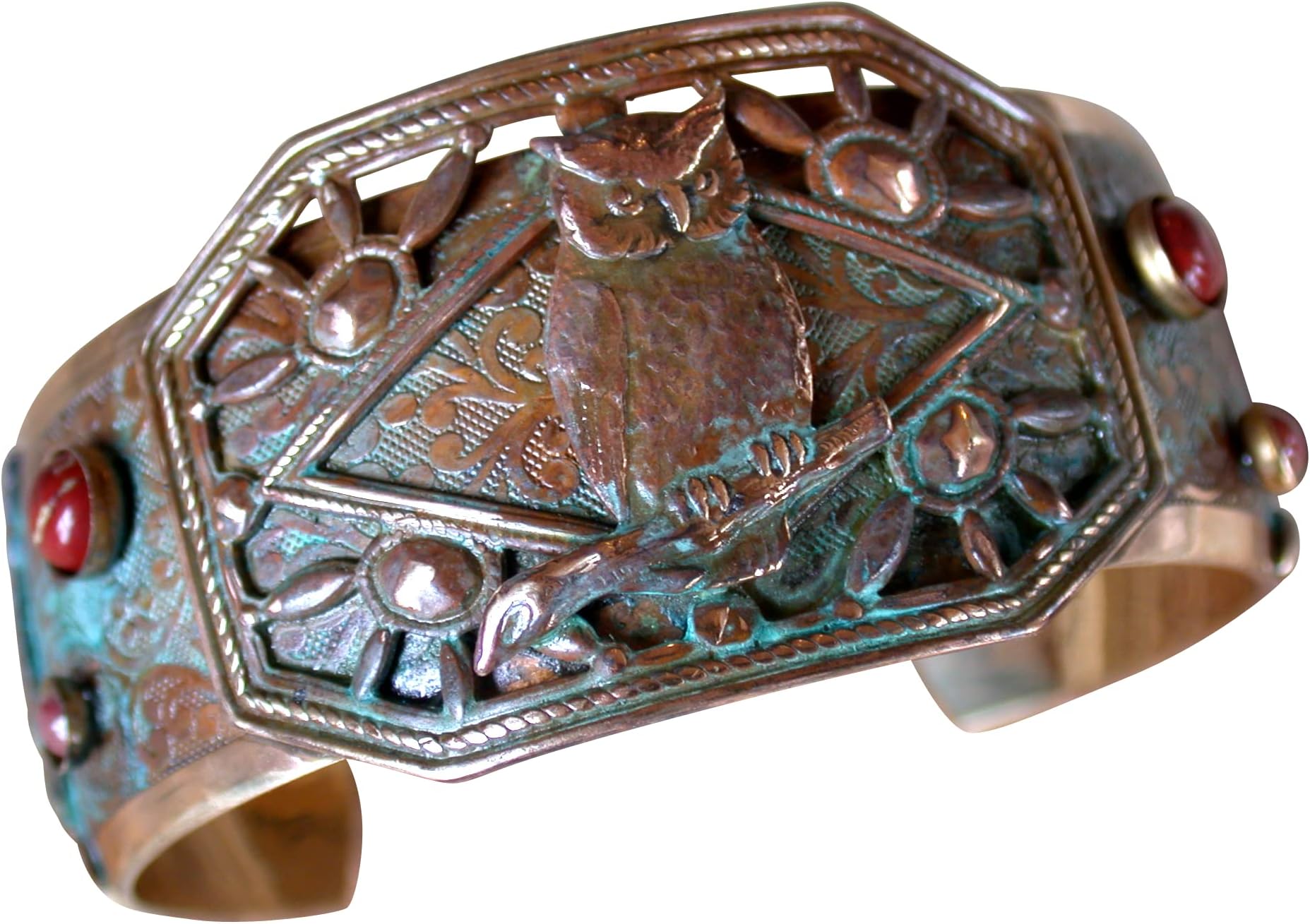 Elaine Coyne Collectible ArtwearElaine Coyne Wearable Art Olive Patina Owl with Renaissance Motif Cuff Bracelet - Jasper