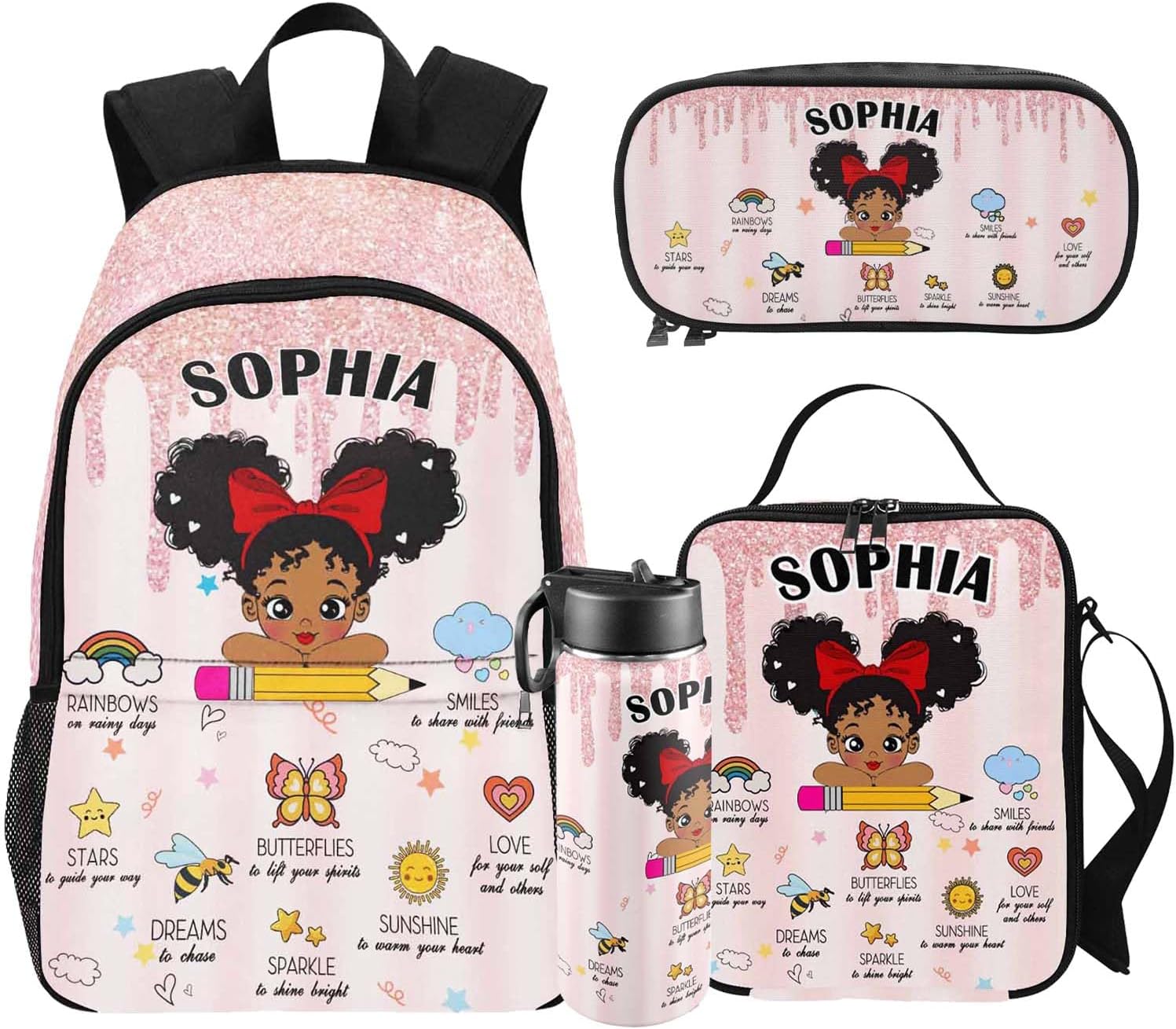 Custom Backpacks and Lunch Bag for Girls Set Personalized Name Back to School Backpack Set for Kids Preschool Kindergarten Elementary Casual Daypack Customized Book Bag School Bag Gifts for Daughter