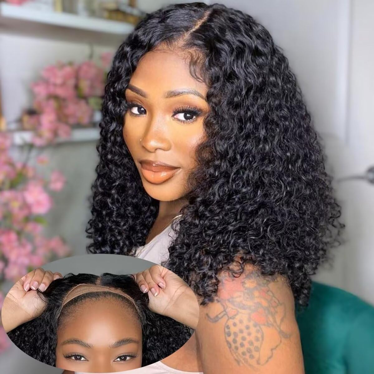 Bob Wig Human Hair Wear and Go Glueless Wigs 4x4 HD Lace Front Wigs Pre Plucked Pre Cut 180% Density Brazilian Virgin Curly Human Hair Wigs For Women 14 Inch Wear and Go Glueless Wig