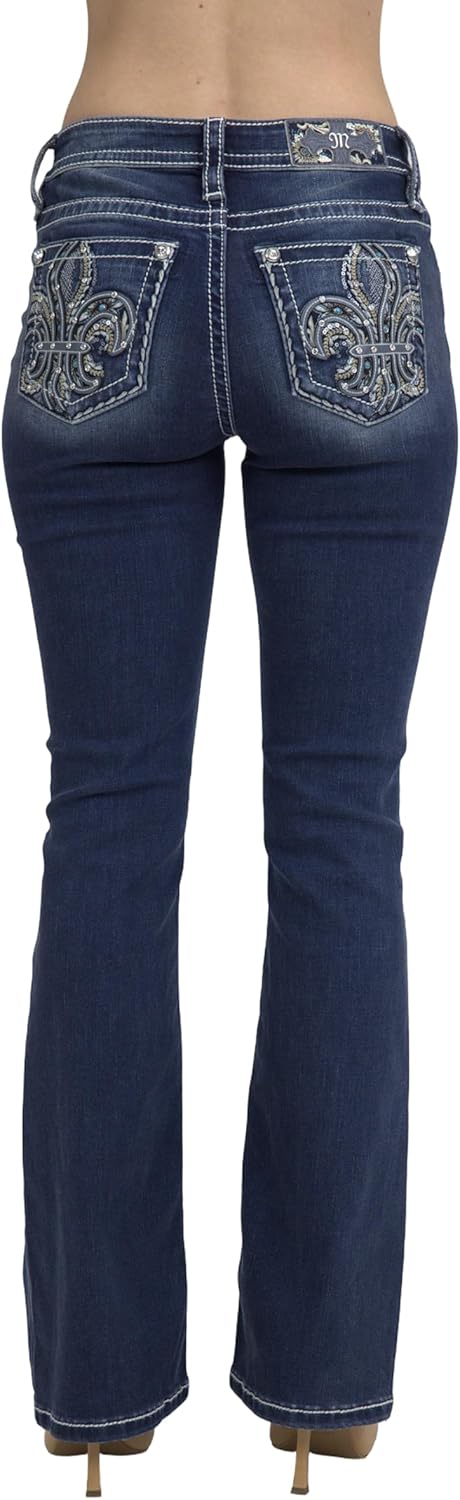 Miss Me Women's Fleur de Lis Scroll Embellished Pockets Mid-Rise Bootcut Jeans