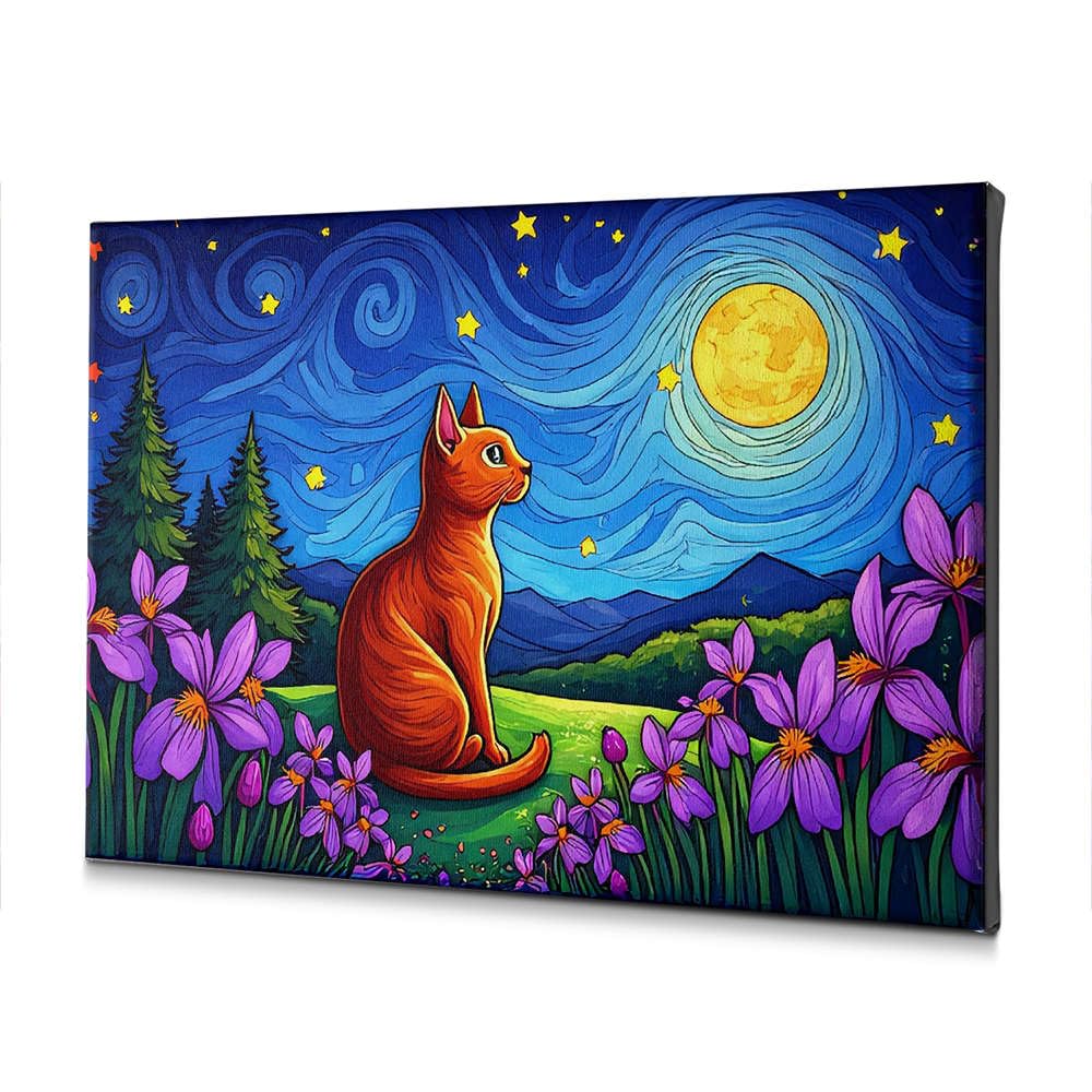 Toile Pâques chat rouge fleurs violettes tableau nuit