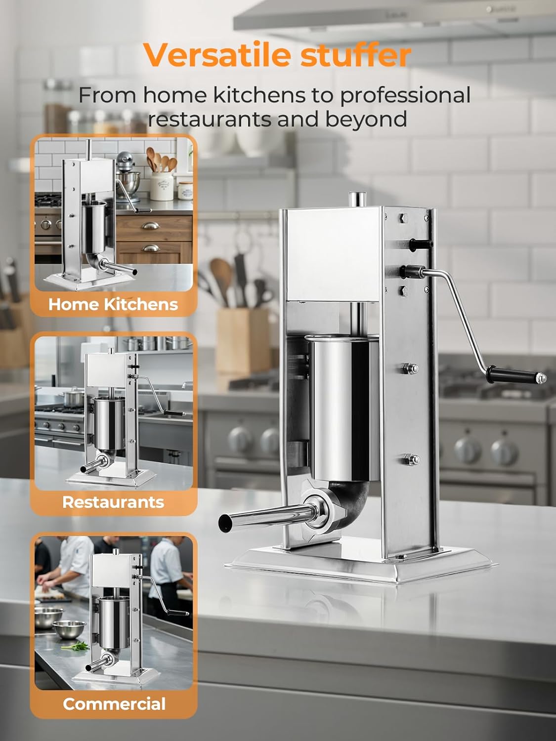 Manual Sausage Stuffer, 7LBS / 3L Sausage Maker, Dual Speeds Control, 304 Stainless Steel Sausage Filler with 5 Stuffing Tubes, for Commercial & Home Use