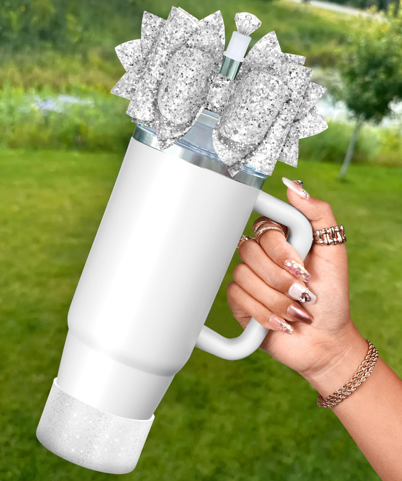 Toykee Cup Boot with Straw Cover for Stanley 40 30 oz - Cute Bow Straw Topper and Diamond Caps with Bottom Protector 3 PCS Sets for Tumbler