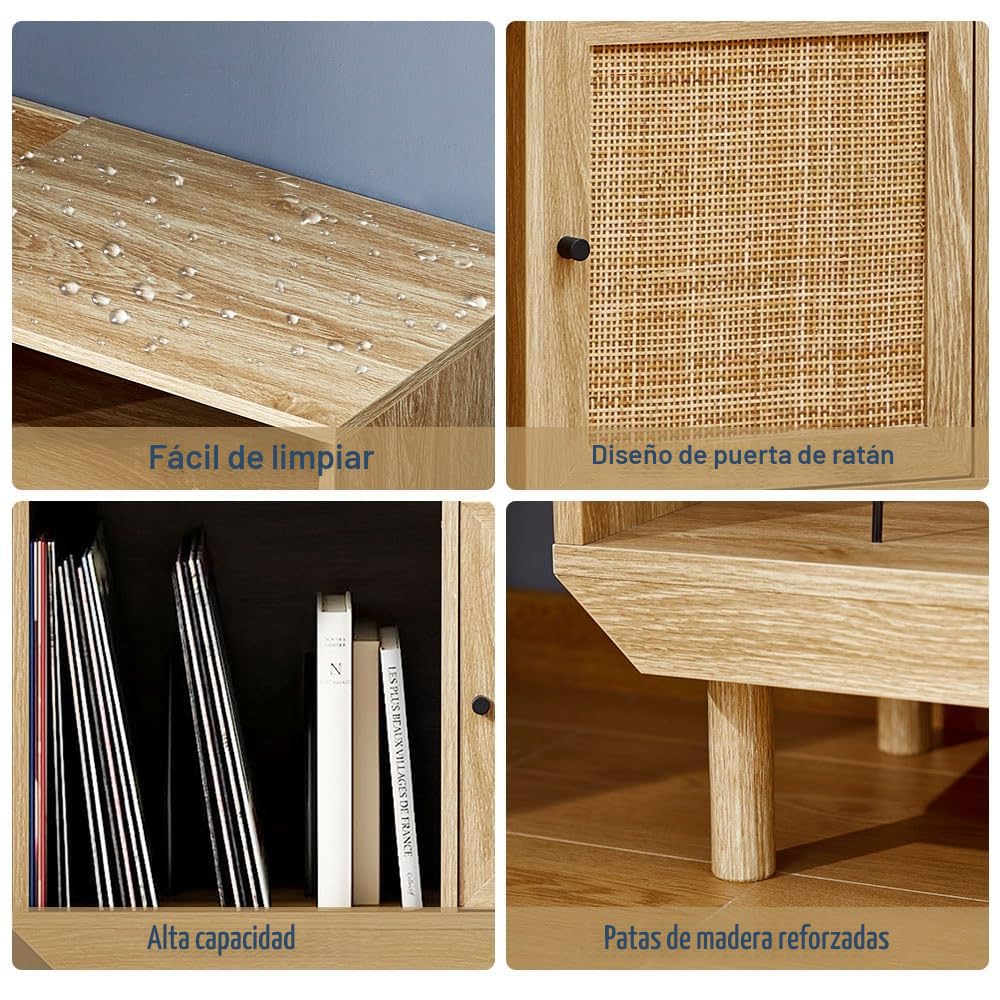 Armario de almacenamiento vintage de madera y ratán tejido – Organizador de discos de vinilo con puertas tejidas a mano, patas de madera maciza, estantería multiusos para discos de vinilo, libros
