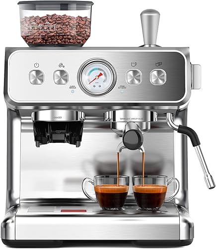 Máquina de café expreso con molinillo, máquinas de café expresso semiautomáticas de acero inoxidable de 20 bares, con un espumador de leche, varita