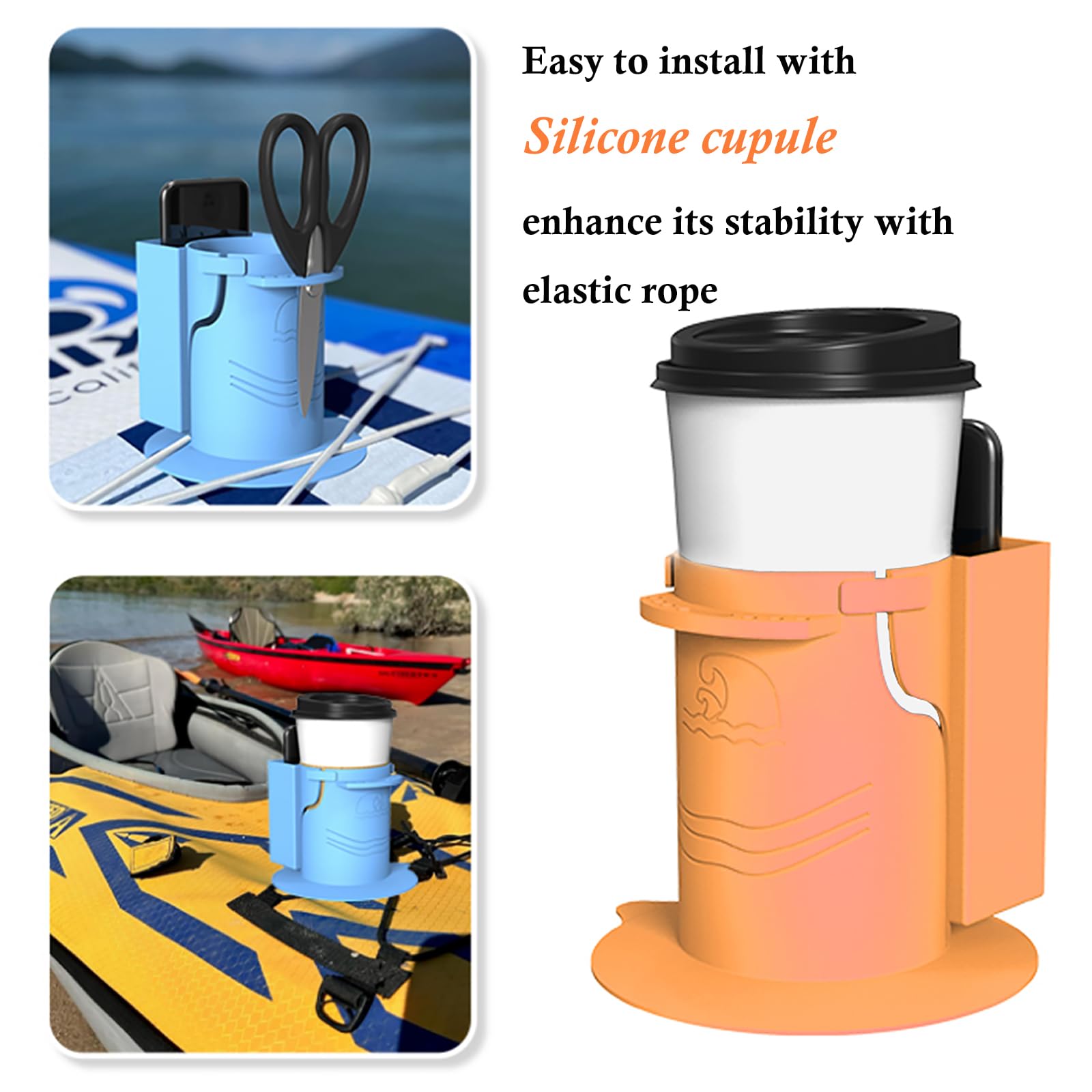 Universal Silicone Cup Holder Portable Drink Holder Bottle Carrier for SUP Paddle Board, Kayak Canoe Yacht and Fishing Boat (Orange)