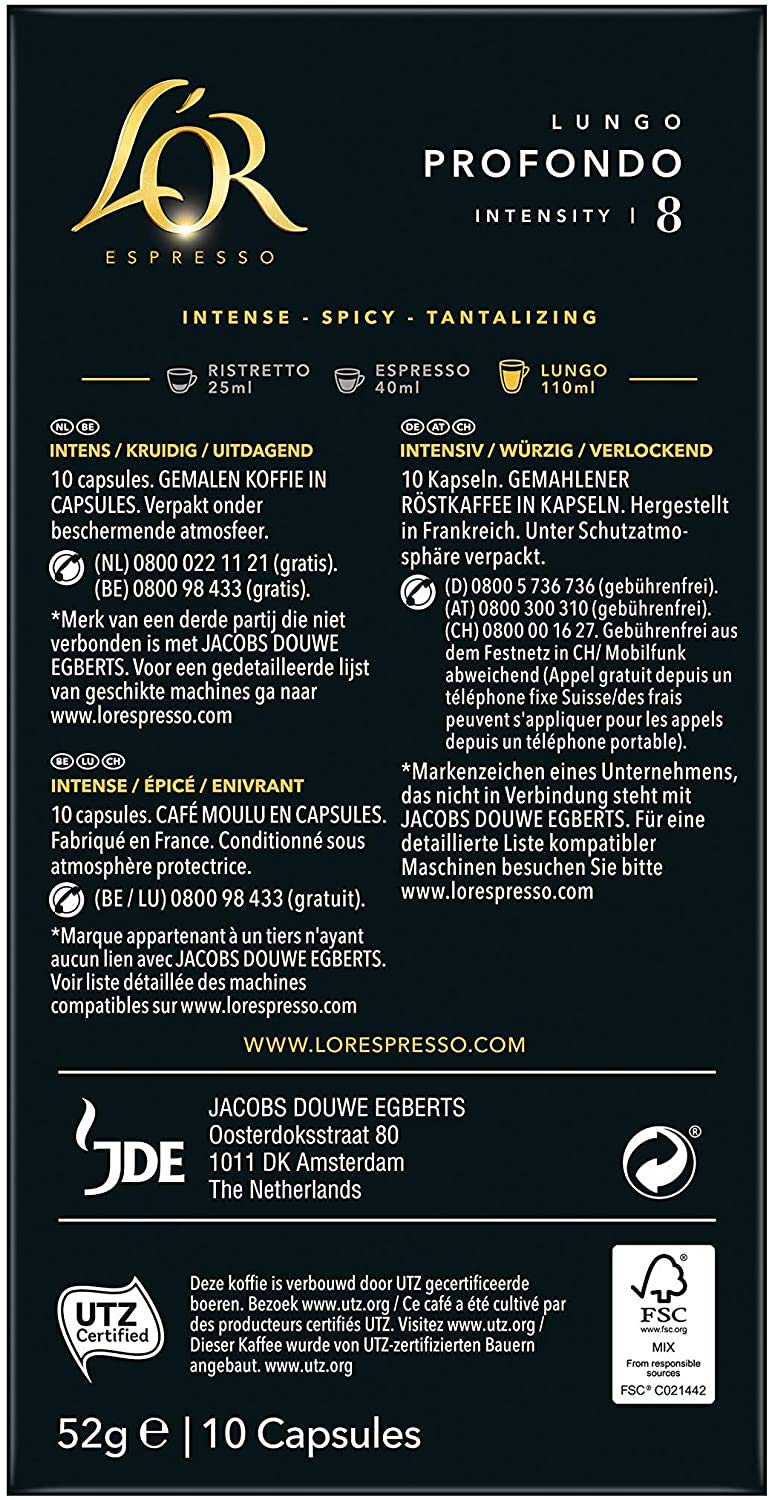 L'Or Espresso Café Lungo Profondo Intensité 8 Capsules en Aluminium Compatibles avec les Machines Nespresso