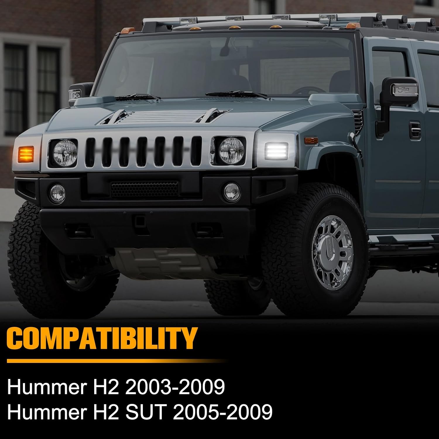 Gempro Led Sequential Amber Front Turn Signal Side Marker Lights White Parking Lamps for Hummer H2 2003-2009, 2PCS Smoked Len