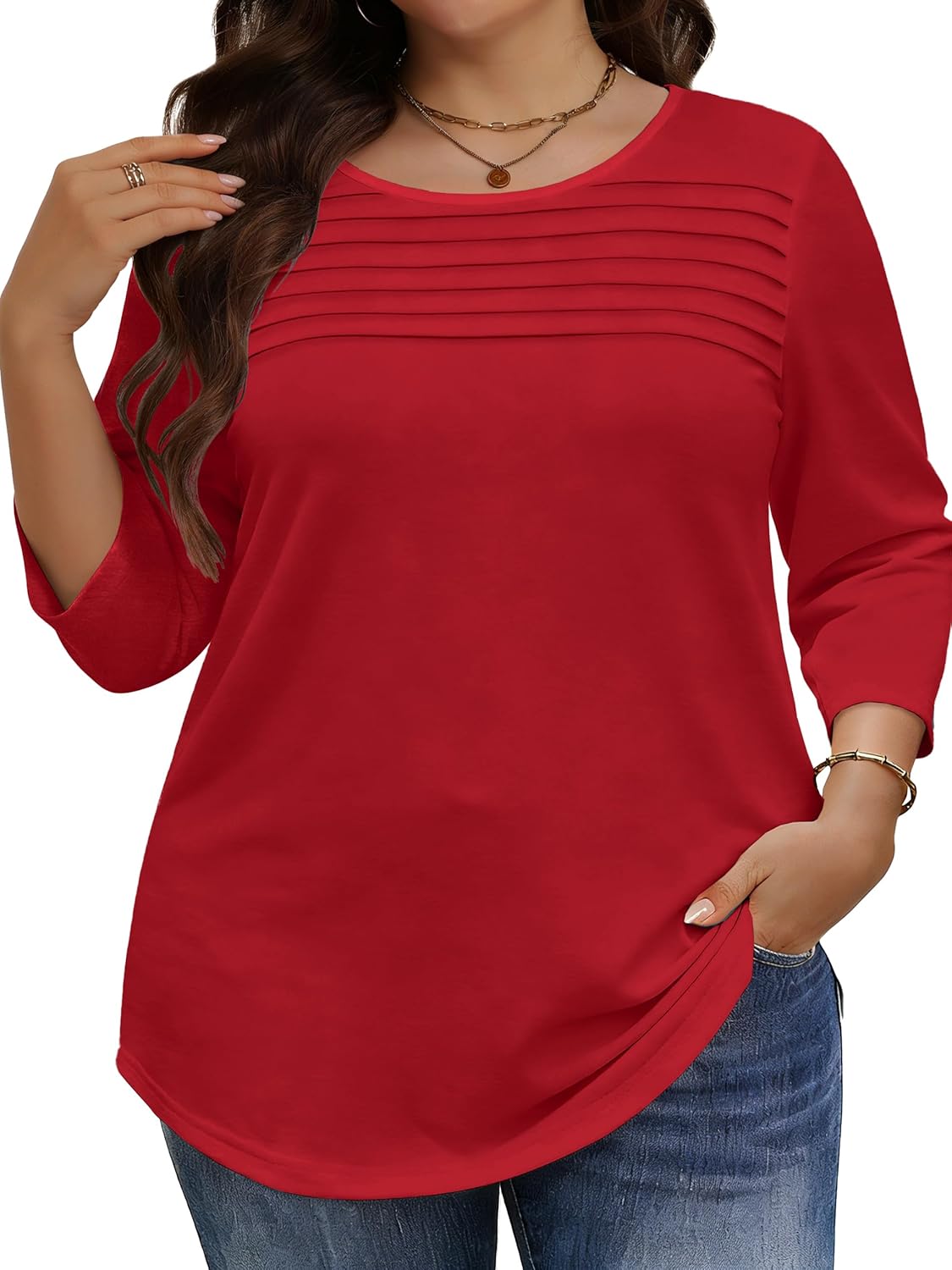 Womens Plus Size Tops 3/4 Sleeve Shirts Casual Roundneck Tunics Top Pleated Spring Summer Blouse