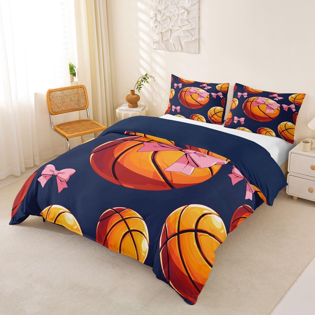 Feelyou Basketball Duvet Cover King Size Pink Bow Comforter Cover for Boys Girls Gaming Sports Bedding Set 3Pcs Gift for Basketball Lover Room Decor Coquette Aesthetic image 2