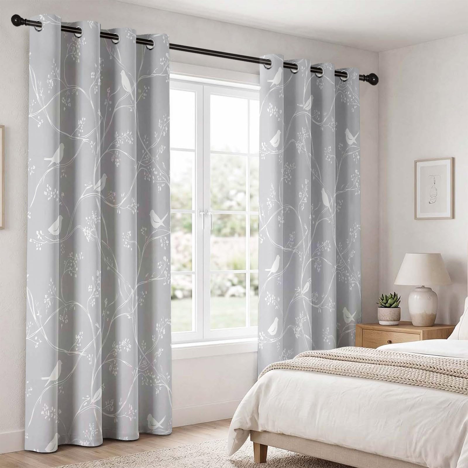 Rideau occultant à Motif de Petits Oiseaux, Oiseau Feuille Rideaux œillets Isolation Thermique Traitements fenêtre à œillets pour Chambre À Coucher, 140L X 260H cm (2 Panneaux), Gris Blanc