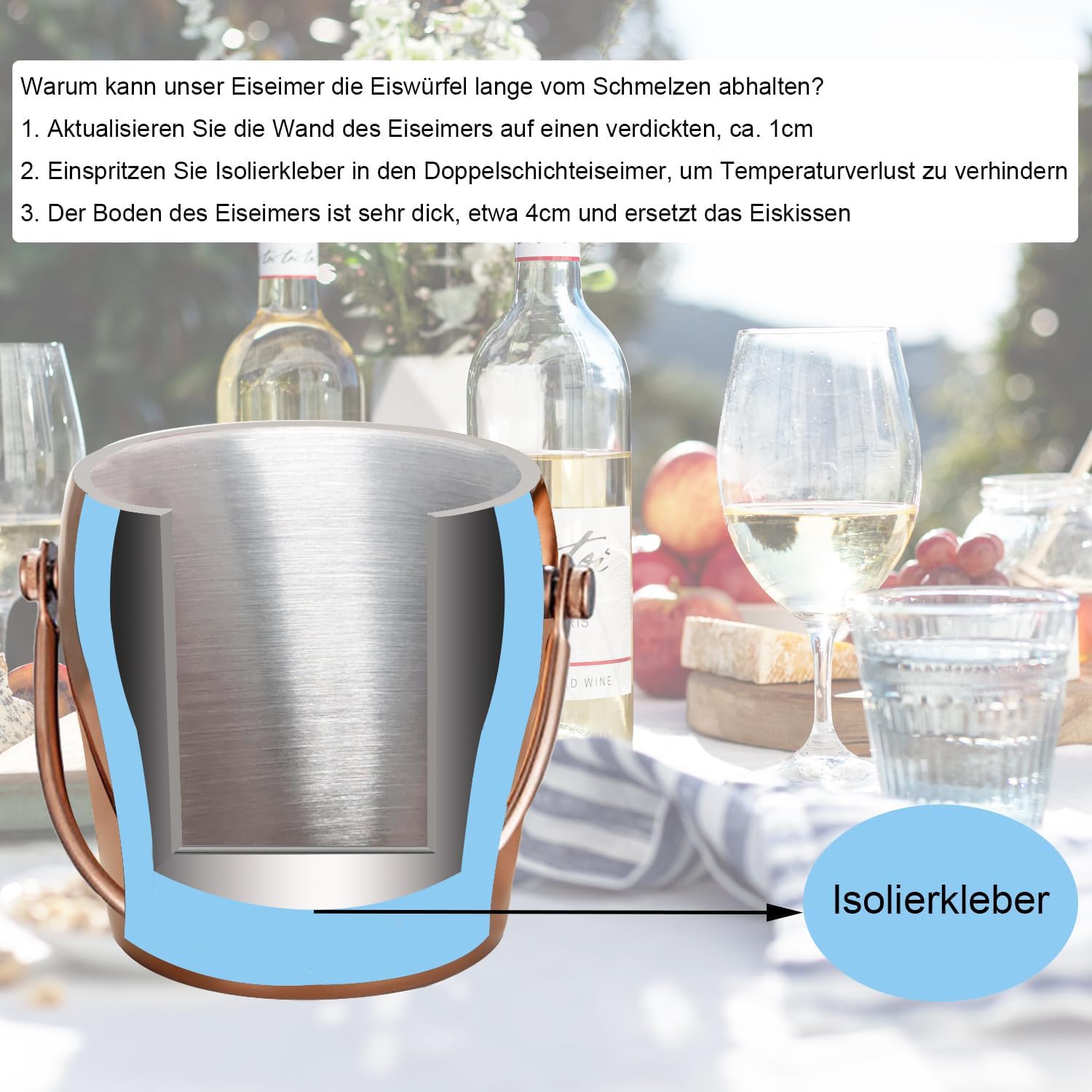 Cubo de hielo aislado de doble pared con pinzas de hielo, pala, tapa, cubo de hielo de acero inoxidable para cócteles, fiestas en casa, cubo de hielo mejorado con tapa, congelación para 6 h, 2 L