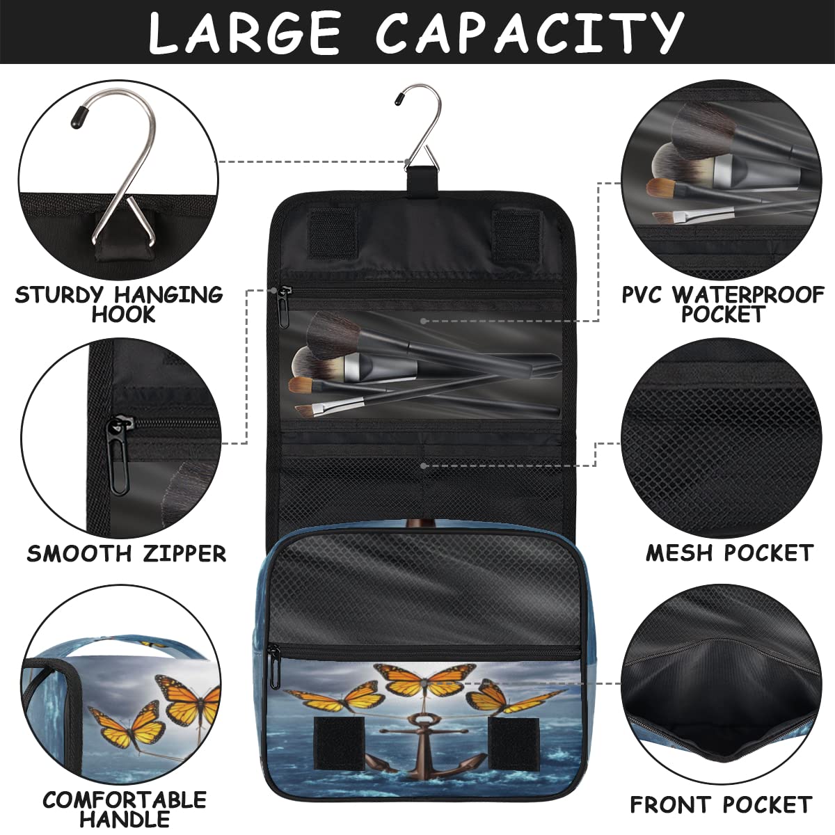 Kotwica Podróżna Kosmetyczka Motyle Kotwica Mycie Torba Unisex Wiszące przybory toaletowe Kosmetyczka Organizer do makijażu, wielobarwny, Jeden rozmiar