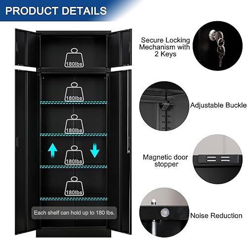 Miniatura 76 de Armario de almacenamiento de metal con puertas con cerradura y 2 estantes ajustables, gabinetes de metal de 71 pulgadas de alto, armarios de garaje,