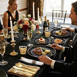 KIRE 200Pcs Black Plastic Plates - Black and Gold Plates Disposable for Party - Include 100 for Dinner and 100 for Dessert for Birthday/Wedding/New Year