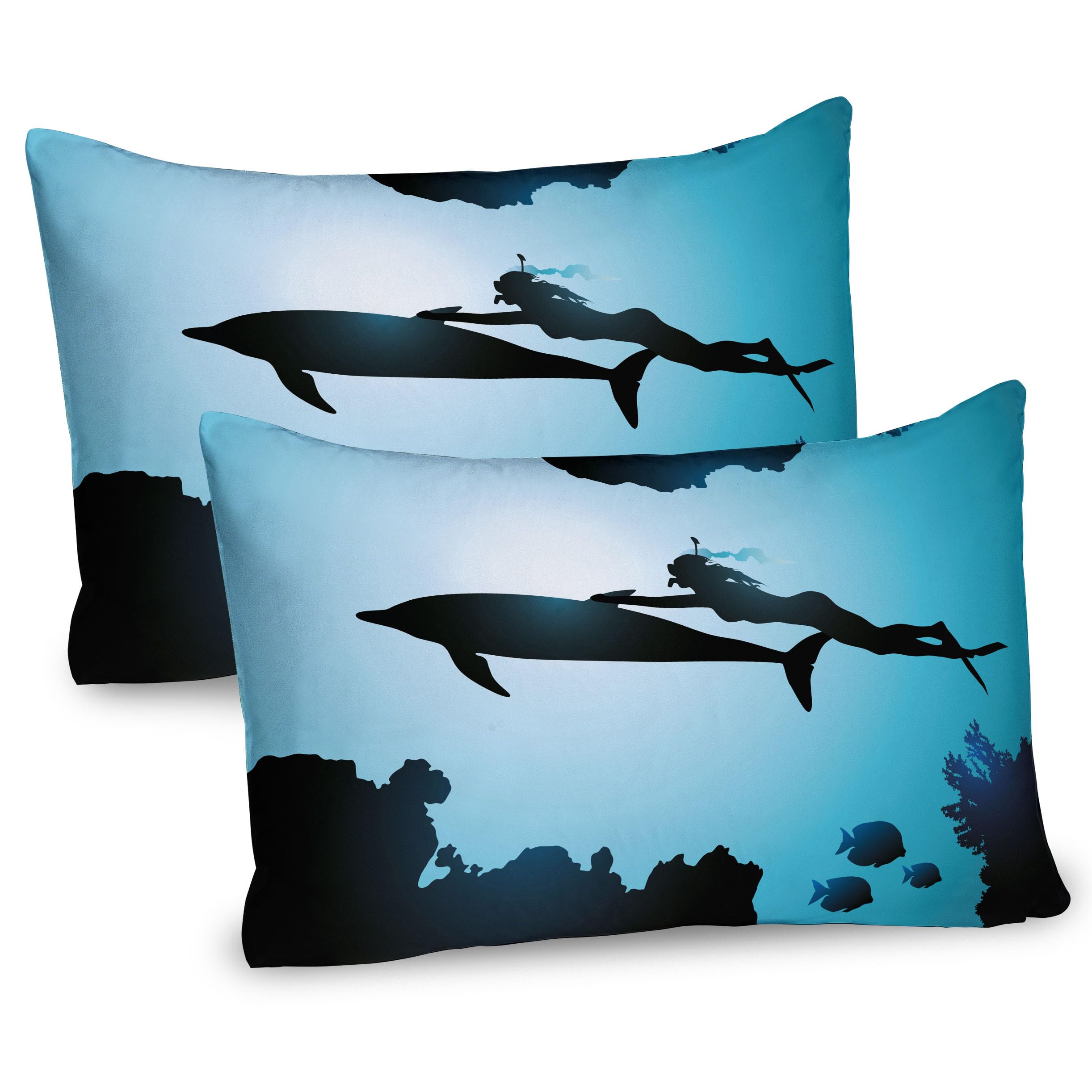 Ambesonne Dolphin Pillow Sham Set of 2, Scuba Diver Girl Swimming Animal Silhouette in Sea Fish Reefs Image Print, Quality Microfiber Bedding Item for All Seasons, 36