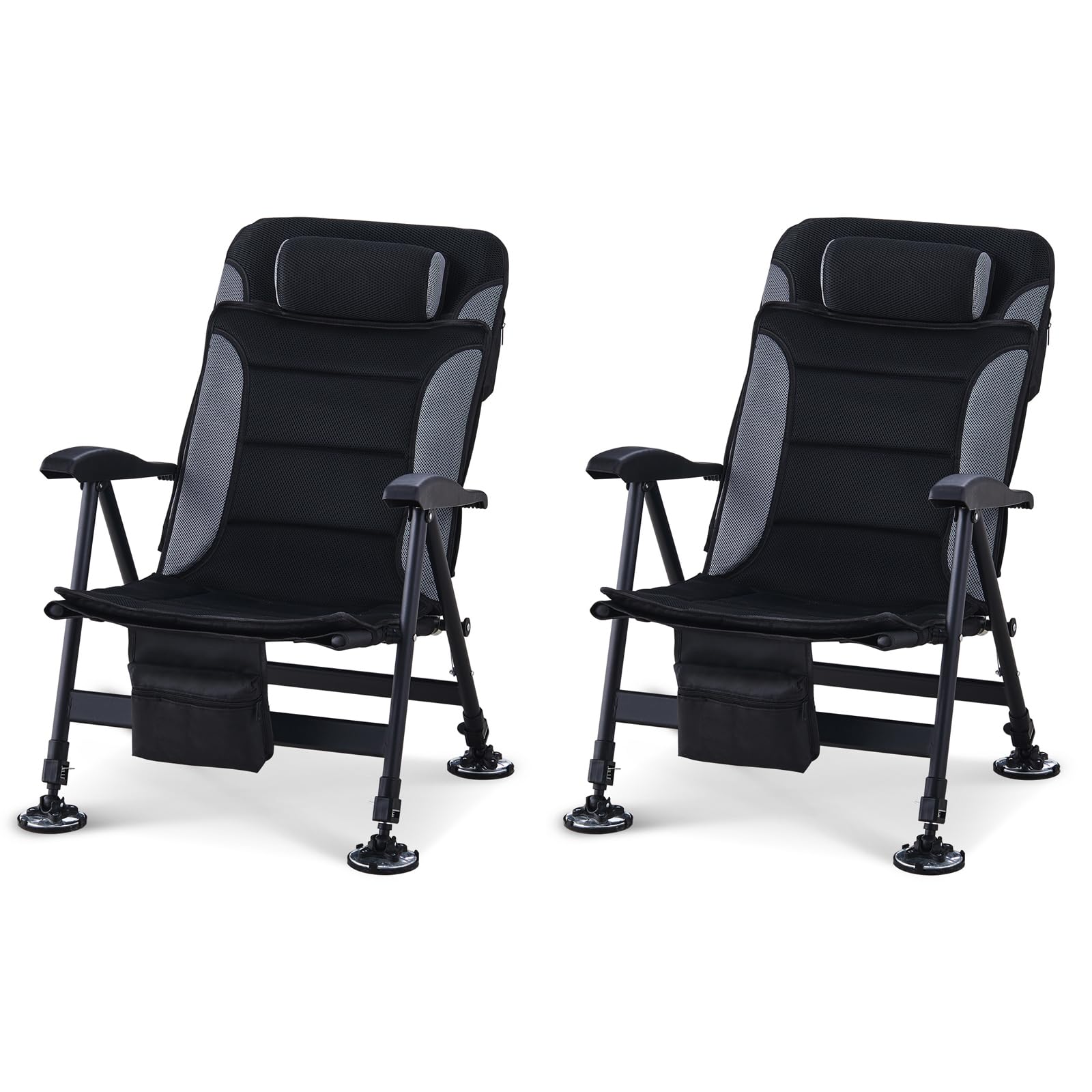 LEMROE Set of 2 Foldable Camping Chair, Lightweight Fishing Chair with Adjustable Legs and Armrest, Padded Seat Rotating Feet for Outdoor Camping Fishing