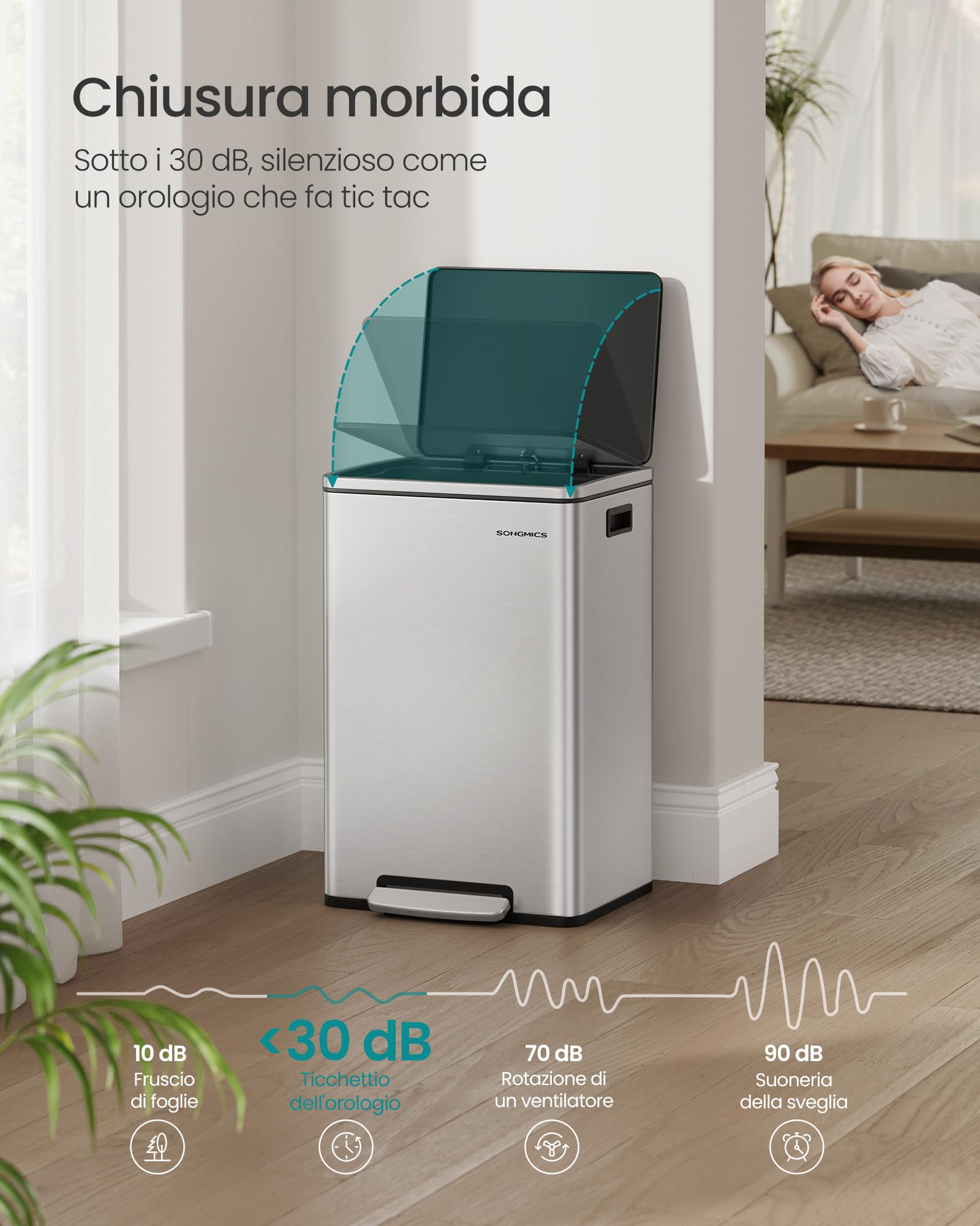SONGMICS Pattumiera da Cucina 50 L, con 15 Sacchi per Spazzatura, Acciaio Inox, Secchio in Plastica Rimovibile, Cestino a Pedale con Coperchio Maniglie Chiusura Morbida, Colore Argento LTB595E01