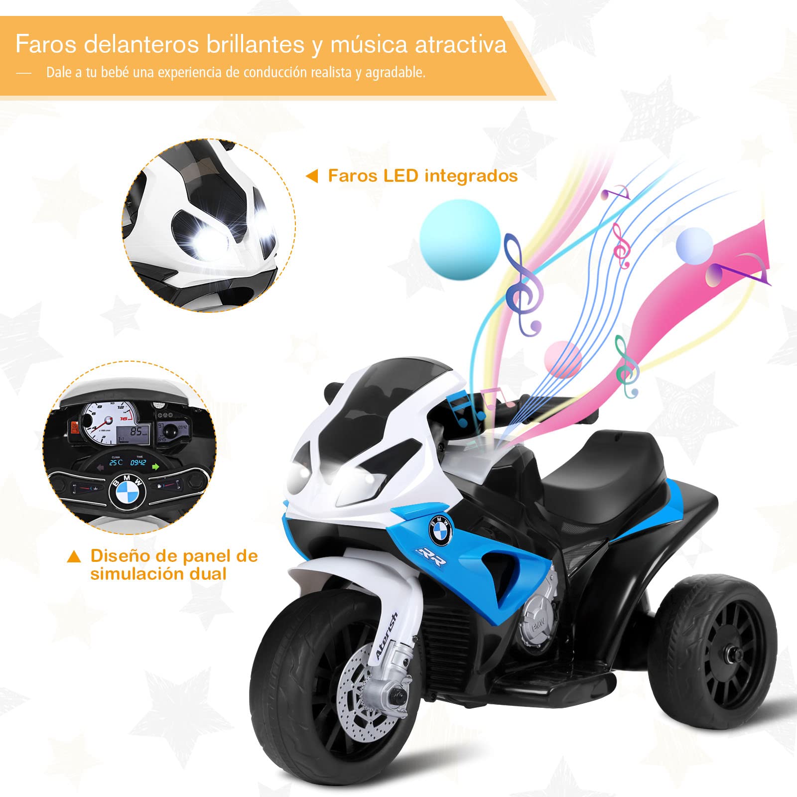 COSTWAY Moto Electrica BMW 6 V, Moto Infantil con Ruedines, Faros, Música y Aspecto Bonito, con 3 Ruedas, Alimentada a Batería (Azul)