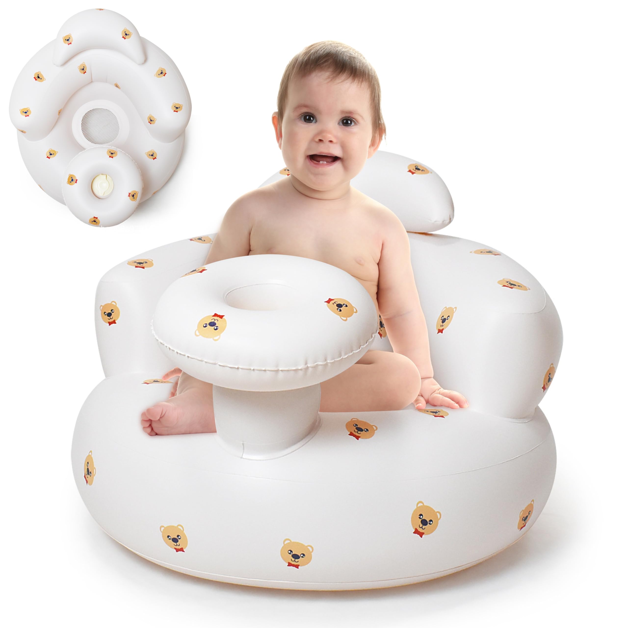 GerdfeiTawtab Inflatable Baby Seat, Bear Portable Inflatable Infant Chair for Baby 3 Months and Up, Floor Seater Support Seat with Built in Air Pump for Kids Learning to Sit Feeding Shower