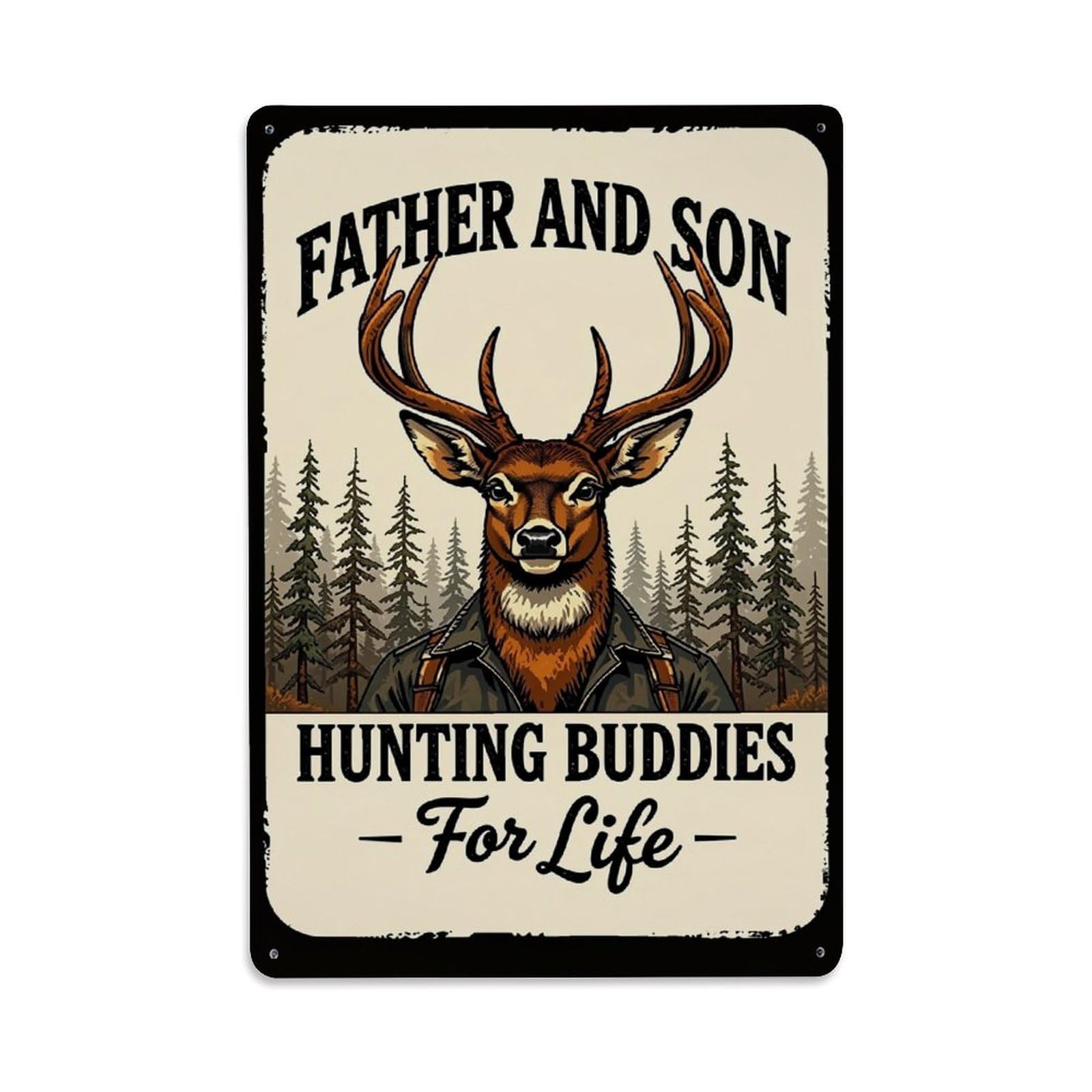 Deer In Hunting Jacket Forest Background Retro Metal Tin Sign, Vintage Decor Art Poster for Bar, Home, Man Cave, Kitchen, Laundry Room Gift 8x12Inch