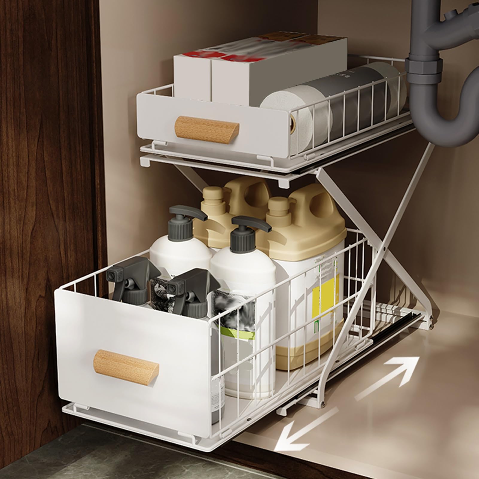 Spülschrank Organizer Untertisch-Organizer, 2-stufiger Untertisch-Organizer für Küchen- und Badezimmerspülen und ausziehbares Regal für Küchen- und Badezimmer(Size:S)
