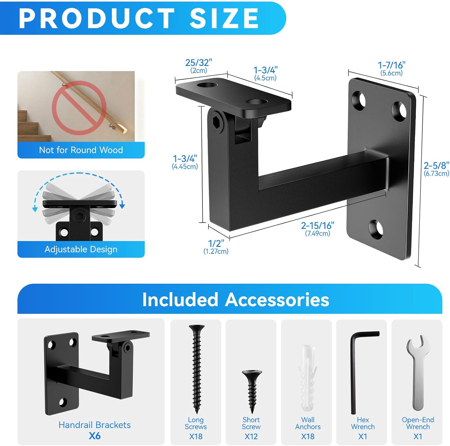 Adjustable Handrail Bracket 6 Pack, Heavy Duty Matte Black Stair Railing Brackets with 3-Hole Triangle Support, 270° Swivel Modern Wall Mount Hand Rail Support for Flat Wood or Steel Railings