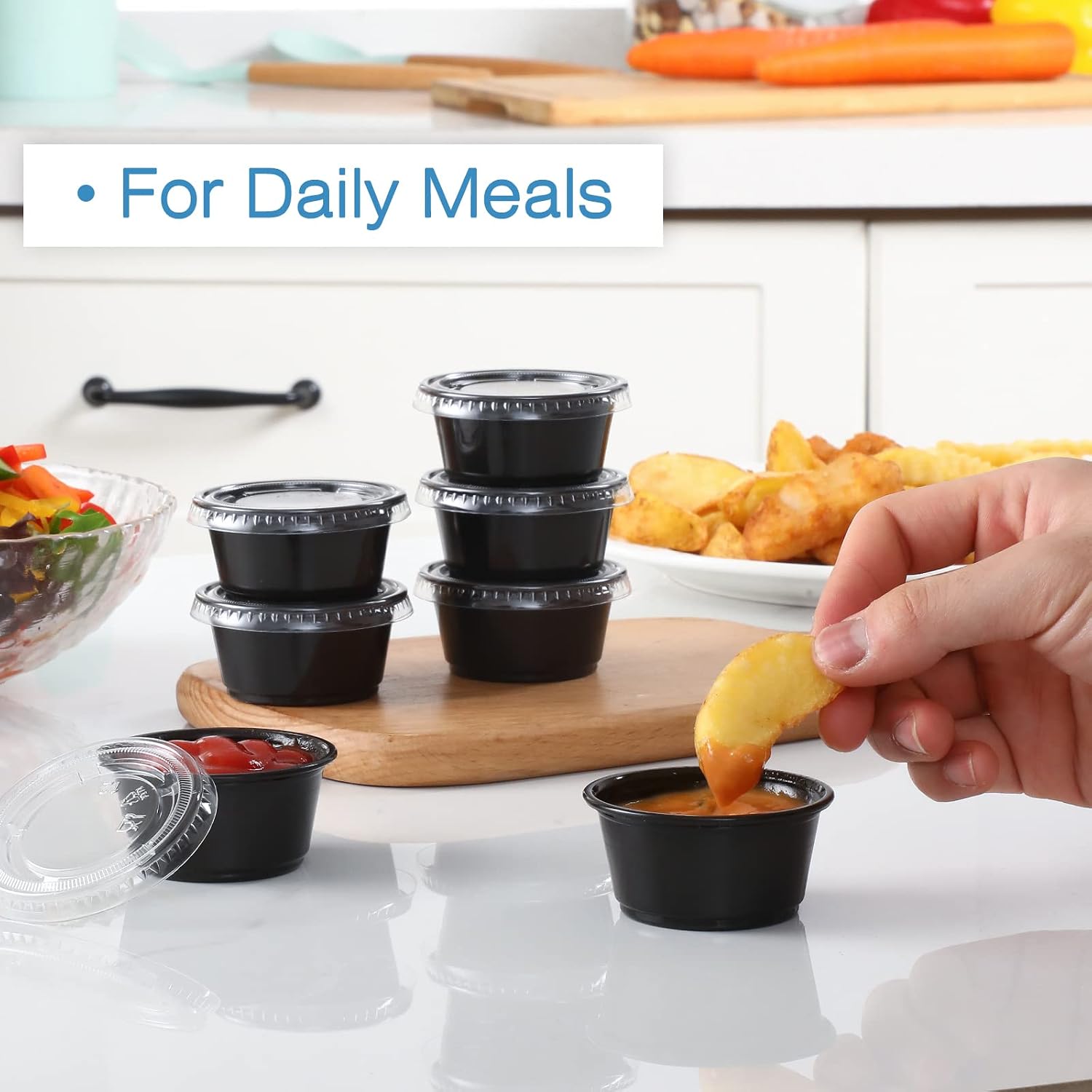 [130 Sets - 2 Oz ] Black Plastic Portion Cups, Jello Shot Cups, Small Plastic Containers with Lids, Airtight Salad Dressing Container, Dipping Sauce Cups, Condiment Cups for Lunch, Party to Go, Trips thumbnail