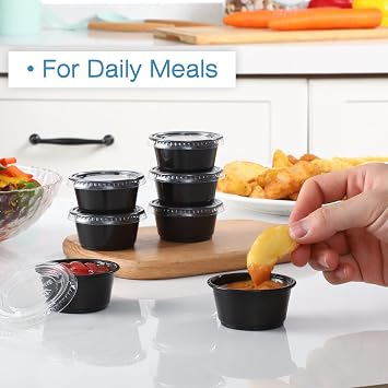 [130 Sets - 2 Oz ] Black Plastic Portion Cups, Jello Shot Cups, Small Plastic Containers with Lids, Airtight Salad Dressing Container, Dipping Sauce Cups, Condiment Cups for Lunch, Party to Go, Trips