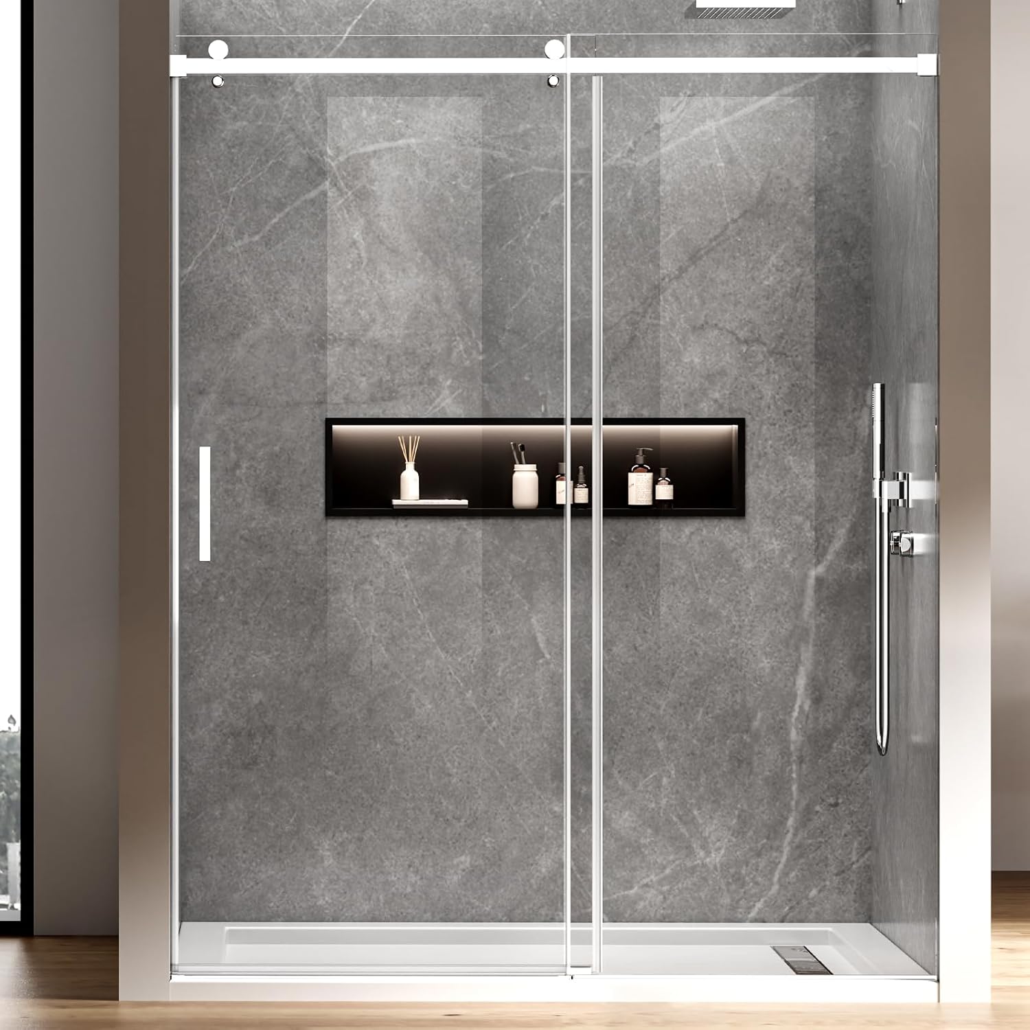 Shower Door with 5/16"(8mm) SGCC Tempered Glass, 56-60" W x 74" H Frameless Sliding Shower Door, Premium SUS304 Stainless Steel Hardware, Double Nano Coating, Bright Chrome