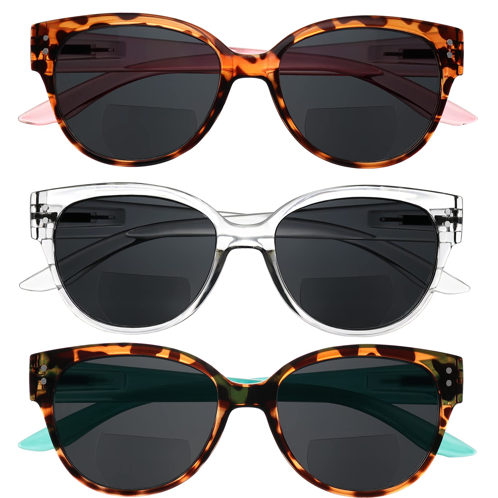 Yogo Vision Occhiali Da Sole Per Donna, Occhiali Da Sole Classici In Stile Retrò, Occhiali Da Sole Per Esterni, Confezione Da 3: Marrone Avana Rosa, Marrone Avana Azzurro, Trasparente Trasparente 2,5