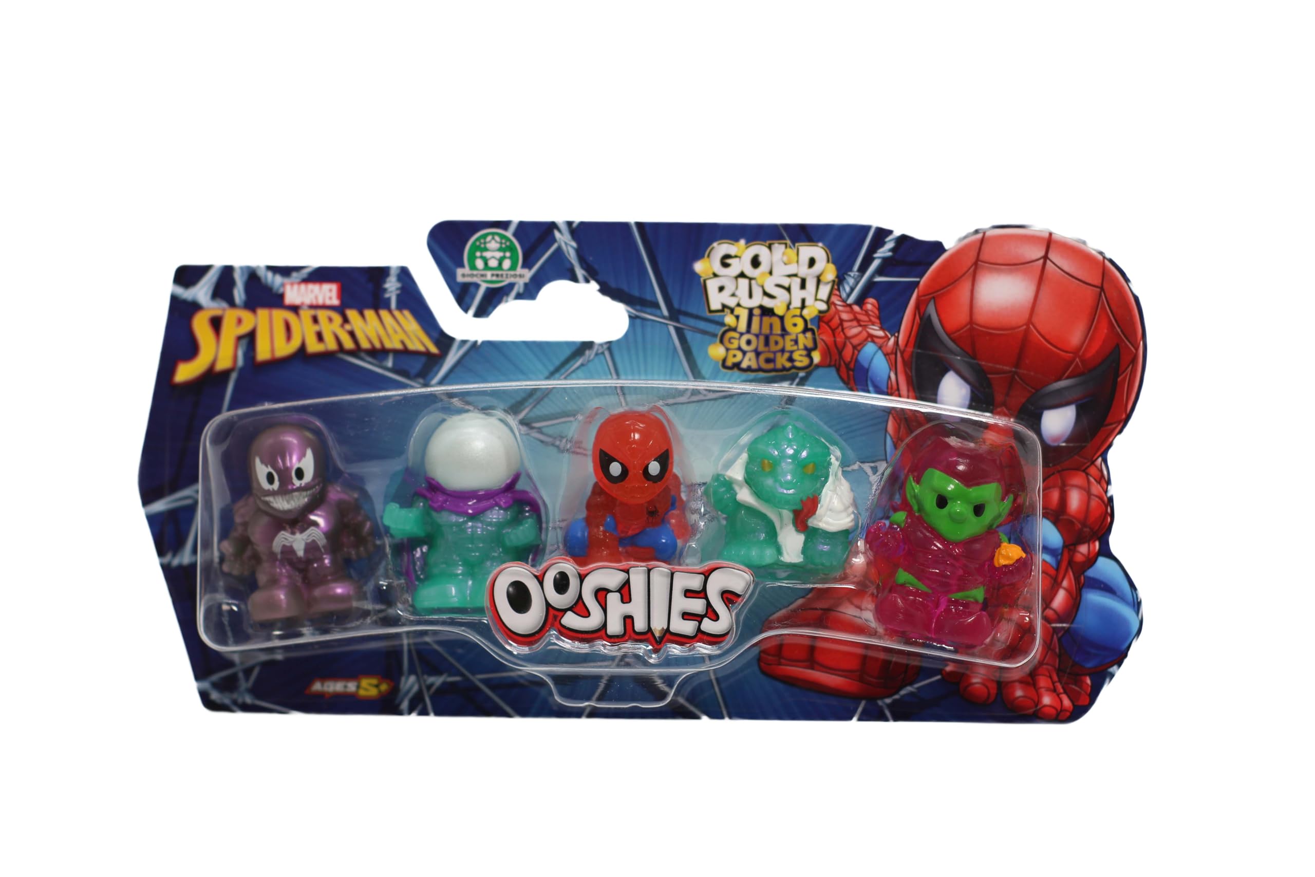 Ooshies Spider-Man Collectibles 5 Pack Pencil Toppers – Chance of Rare Limited Edition Gold Collector Pack – Marvel Mini Figures for Kids Ages 5+, School Accessories, Party Bag Fillers & Gifts