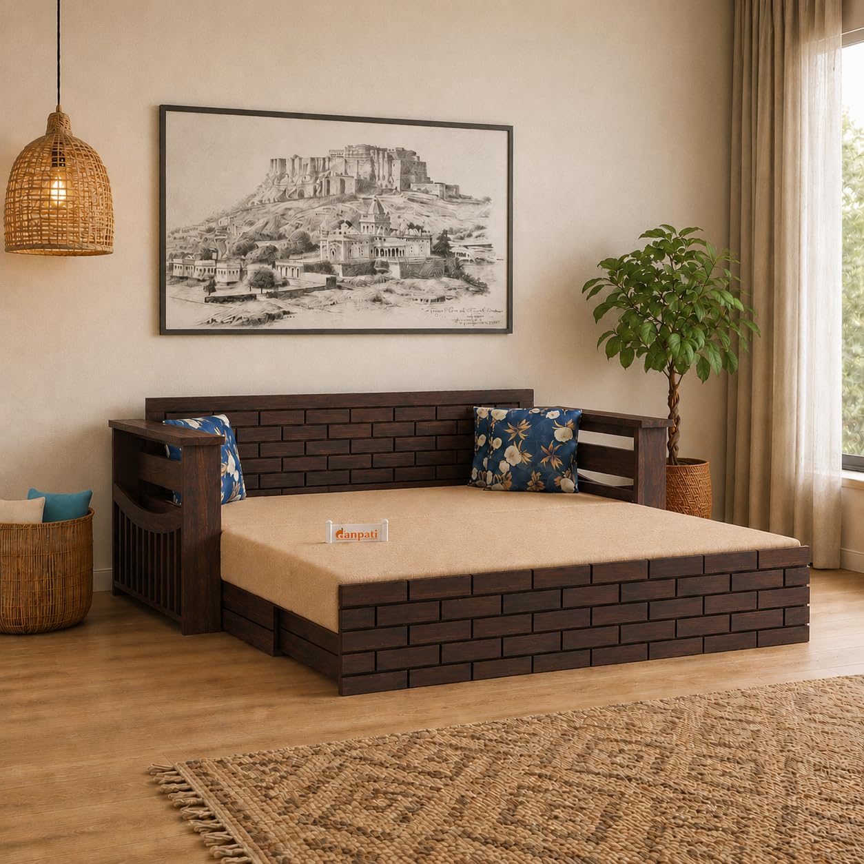 Ganpati Arts Solid Sheesham Wood 3 Seater Italian Sofa Cum Bed with Storage and Side Pockets for Living Room Wooden Sofa Bed for Home - Walnut Finish 1 Year Warranty, 3-Person Sofa (Beige)