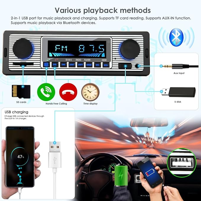 Radio para auto clásico Bluetooth, FM, USB, SD, mando miniatura 7